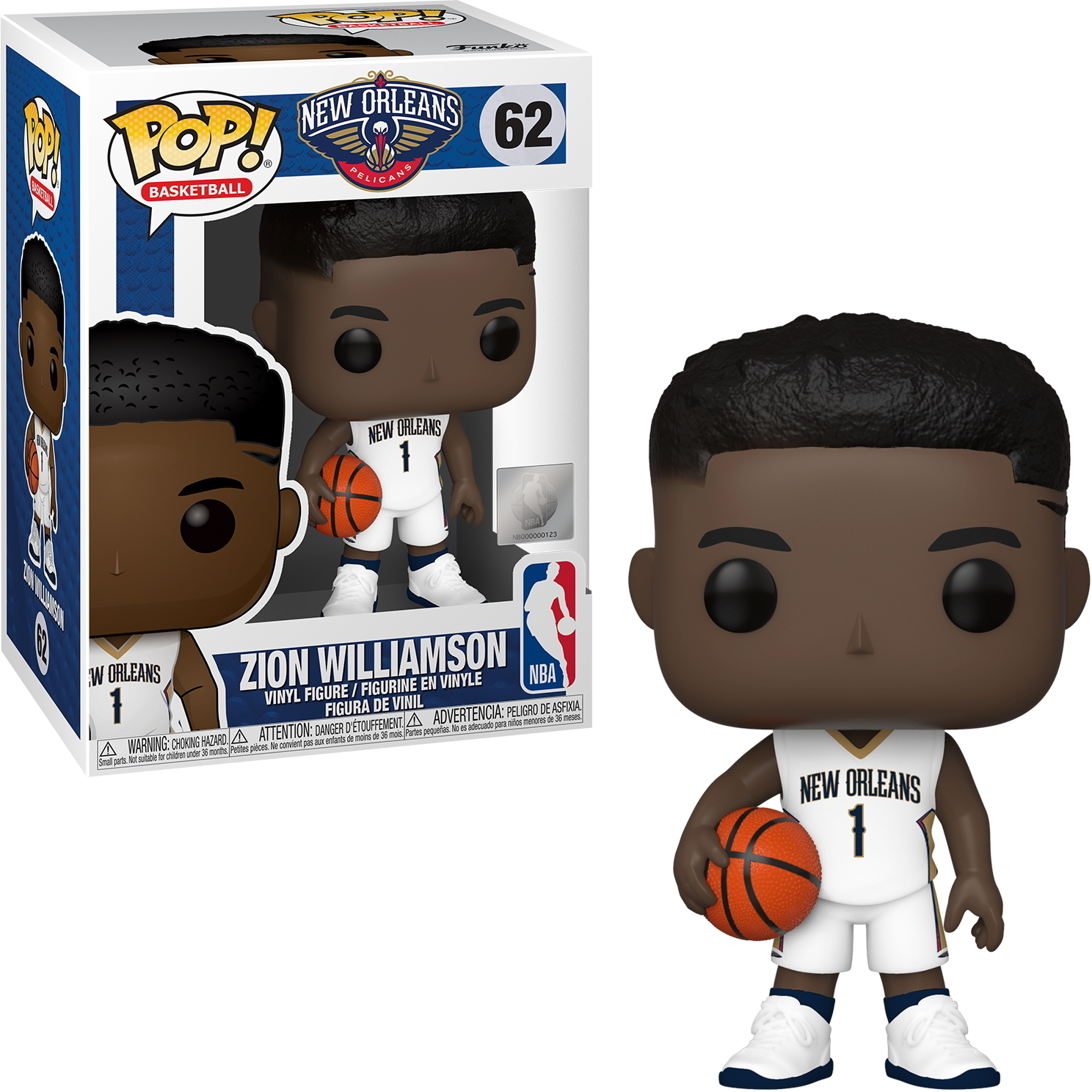 Figura di basket di Zion Williamson. Indossa una maglia e pantaloncini dei Pelicans. Tiene una palla.