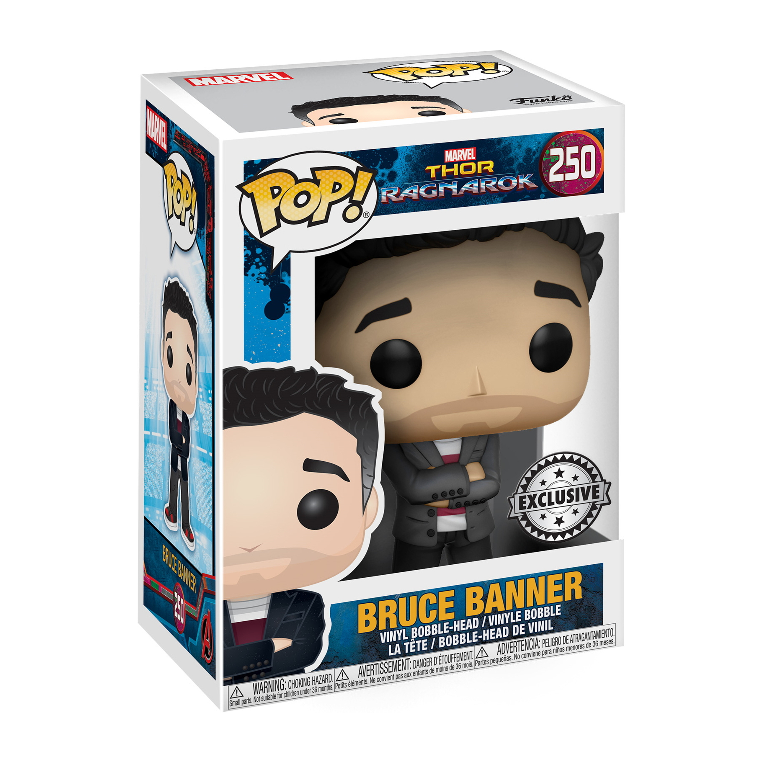 Bruce Banner Funko Pop Figur in einer Box, im Anzug. Box hat Thor: Ragnarok und Marvel Logo.