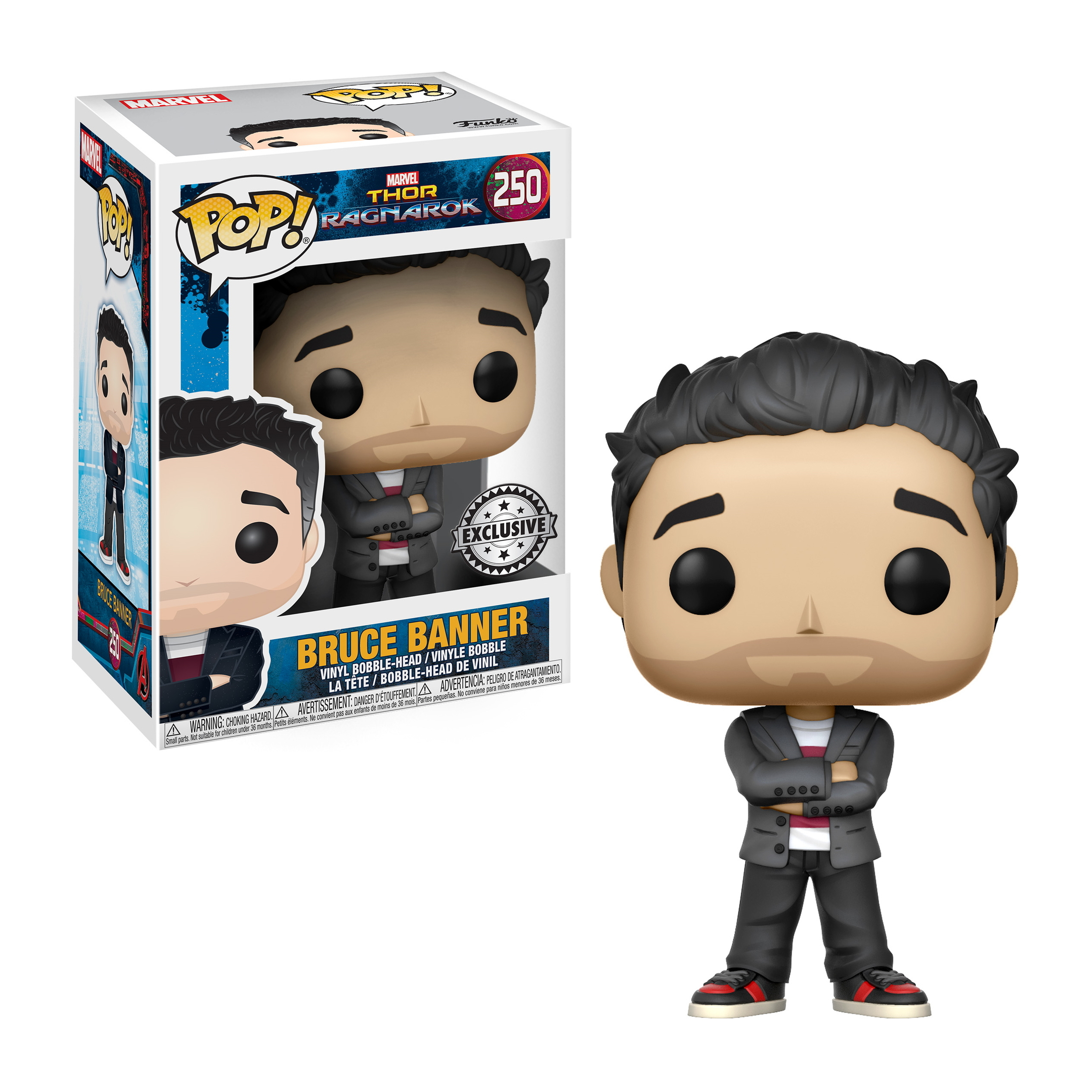 Bruce Banner Funko Pop Figur. Er trägt einen grauen Anzug, eine rote Krawatte und verschränkte Arme.