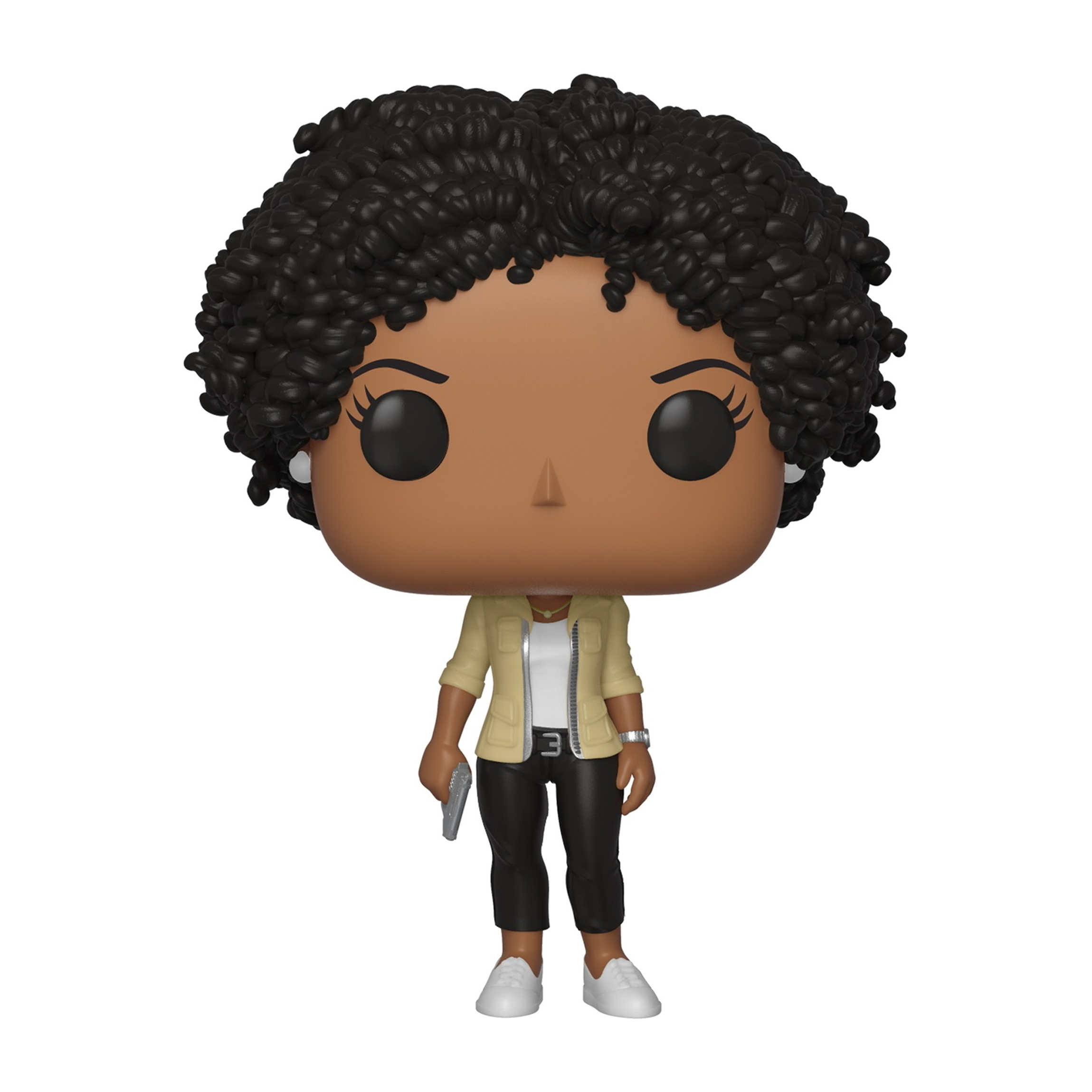 Funko Pop Figur einer schwarzen Frau, die ein Gerät hält, Jacke und weiße Schuhe trägt.