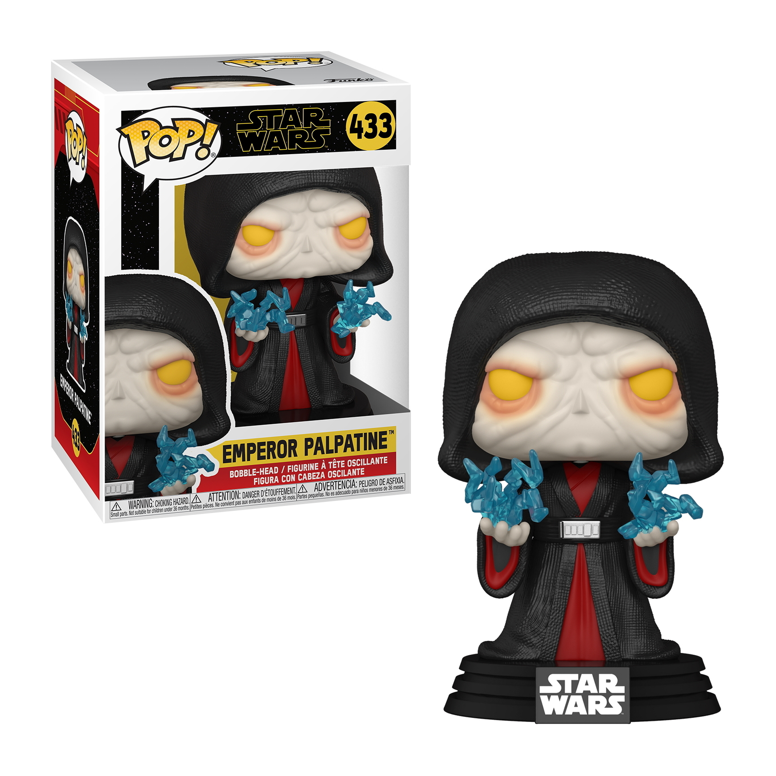 Figurka Funko Pop Imperatora Palpatine'a. Nosi czarną szatę i trzyma niebieskie błyskawice. Biała twarz z żółtymi oczami.