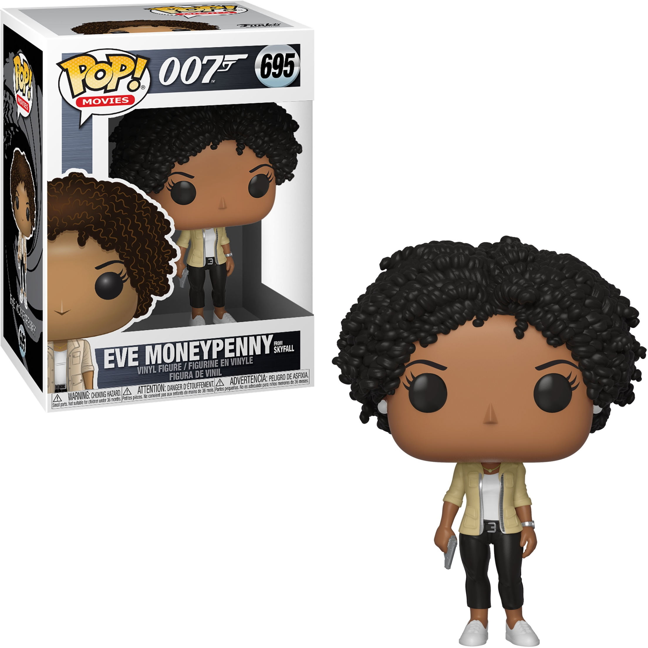 Eve Moneypenny Funko Pop Figur in Box und separat, hält eine Waffe, auf weißem Hintergrund.