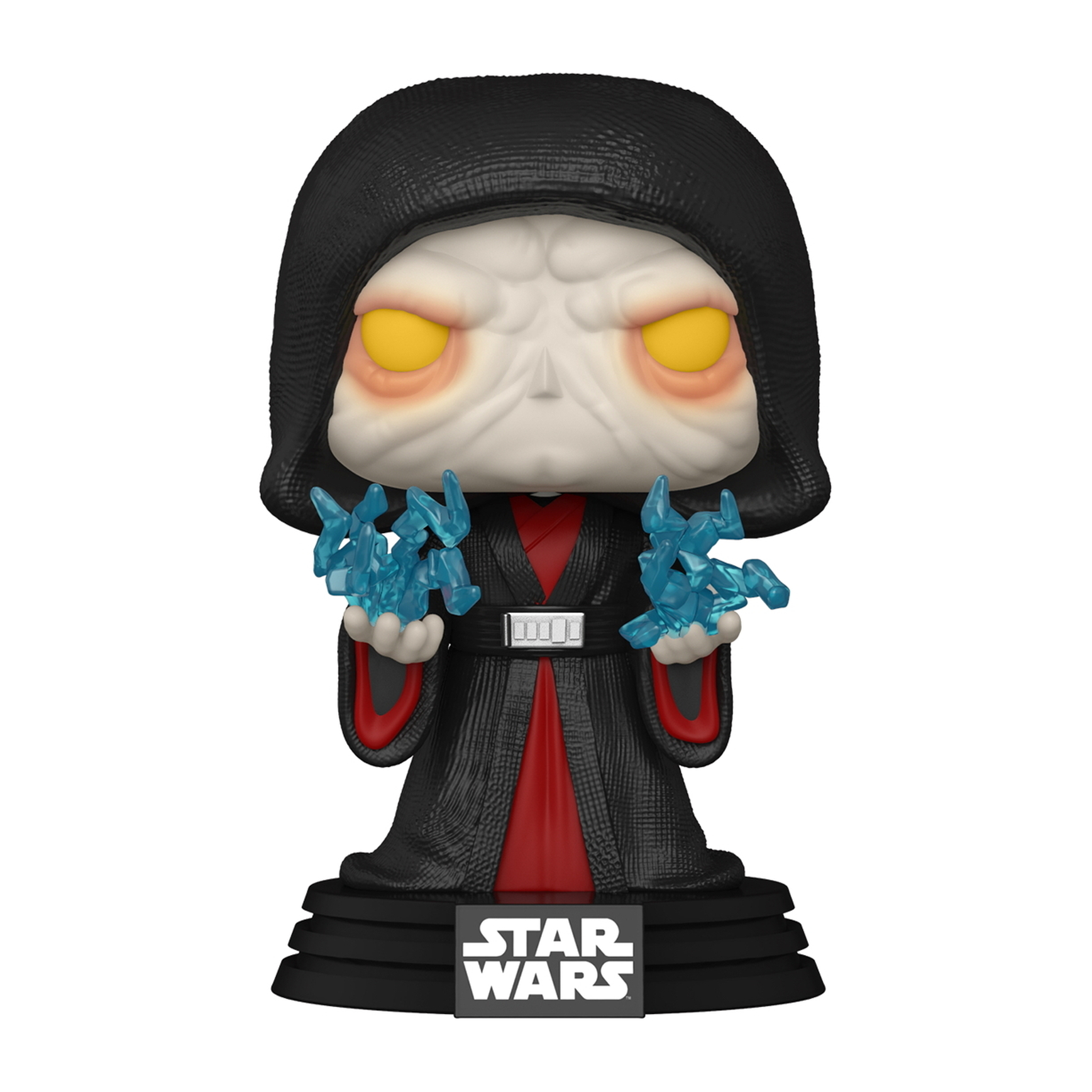 Figurka Imperatora Palpatine Funko Pop trzymająca niebieskie błyskawice, białe tło.