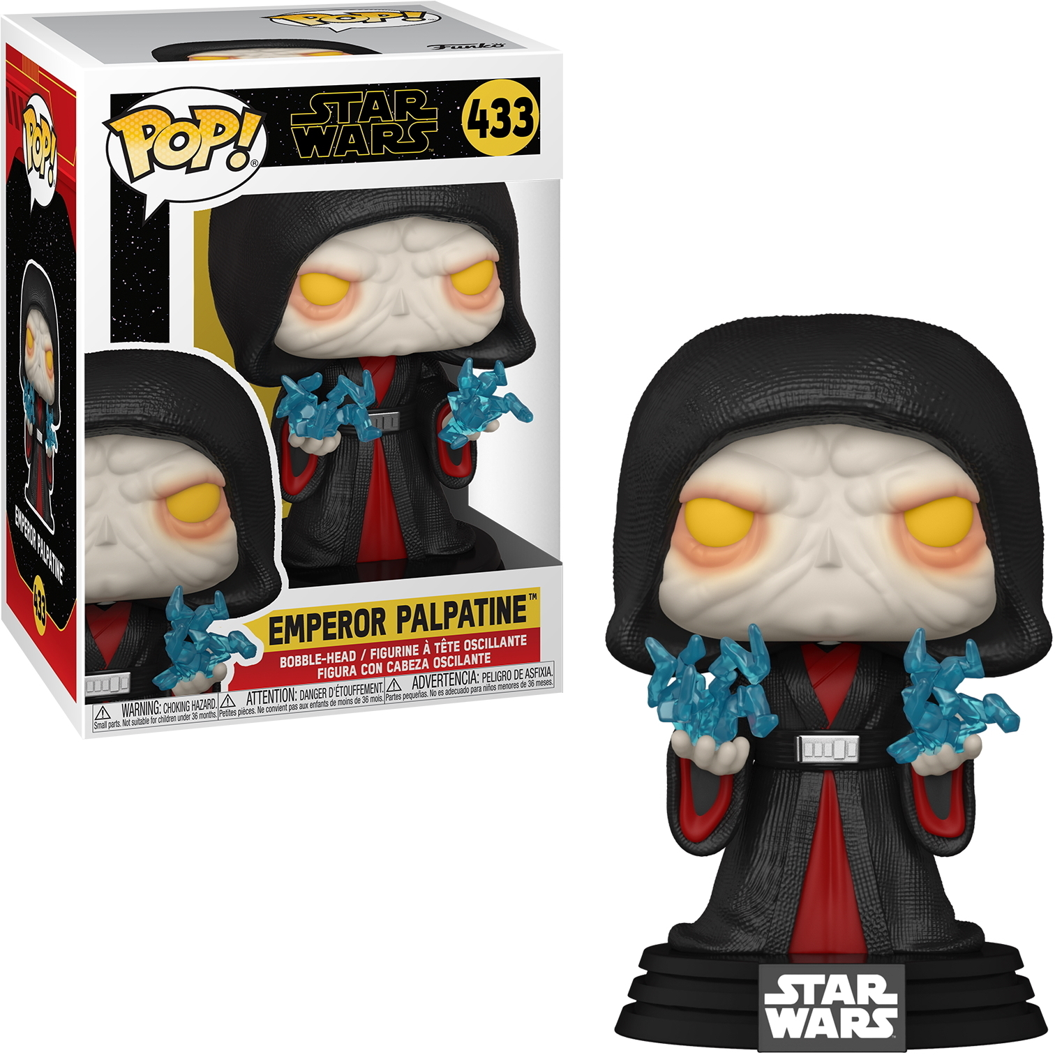 Figurka Funko Pop Imperatora Palpatine'a w czarnej szacie, trzymającego niebieską energię, z pudełkiem w tle.