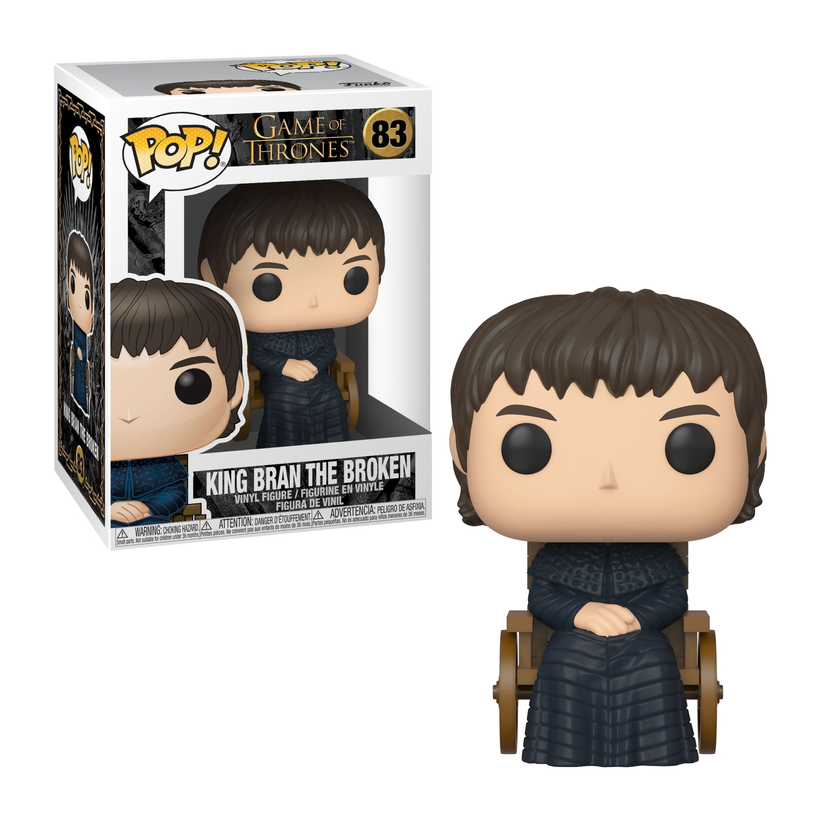 Figura di Re Bran lo Spezzato da Game of Thrones. Abiti scuri, in sedia a rotelle e scatola.