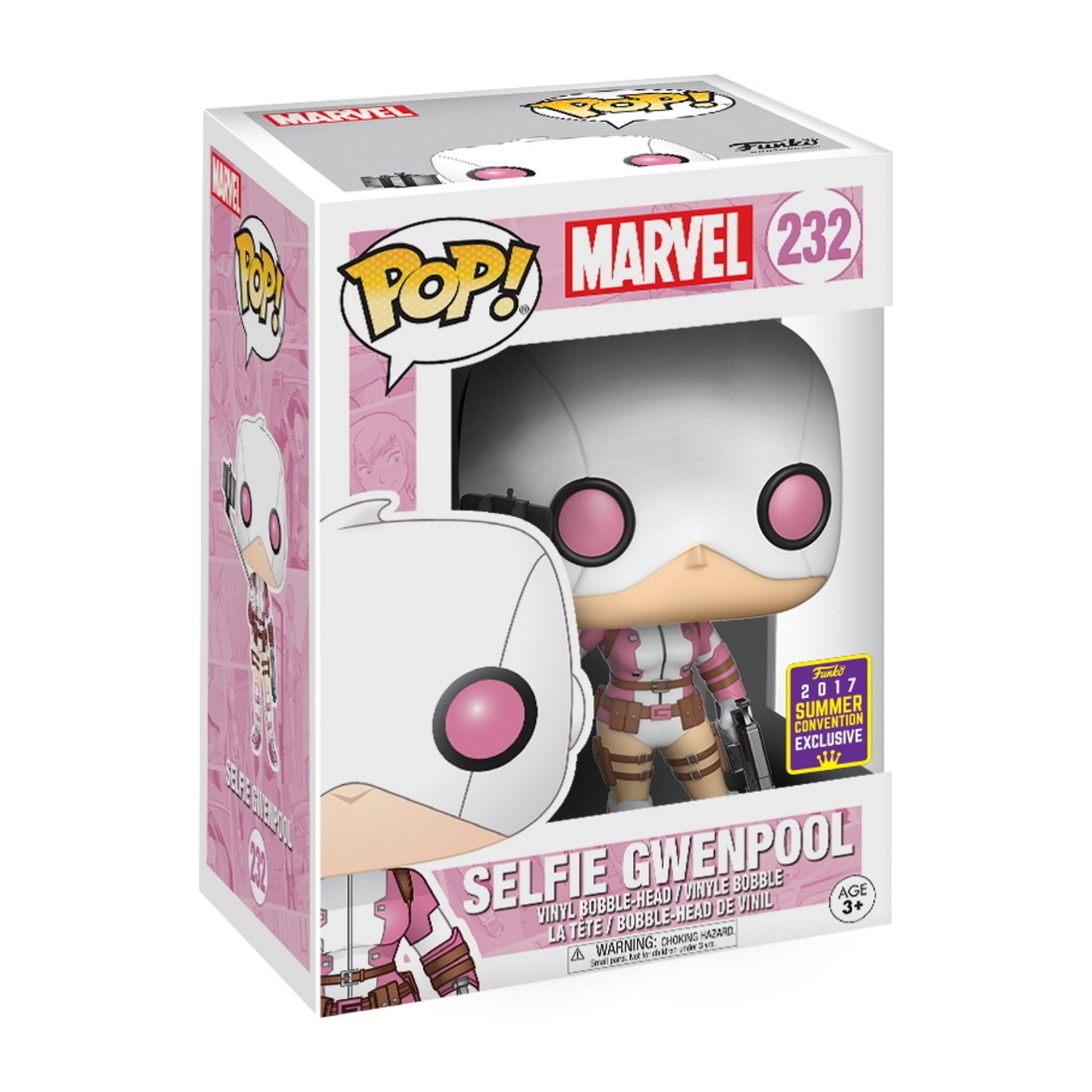 Selfie Gwenpool Figur in Box, weiße Maske, rosa-weißes Outfit, hält eine Waffe.