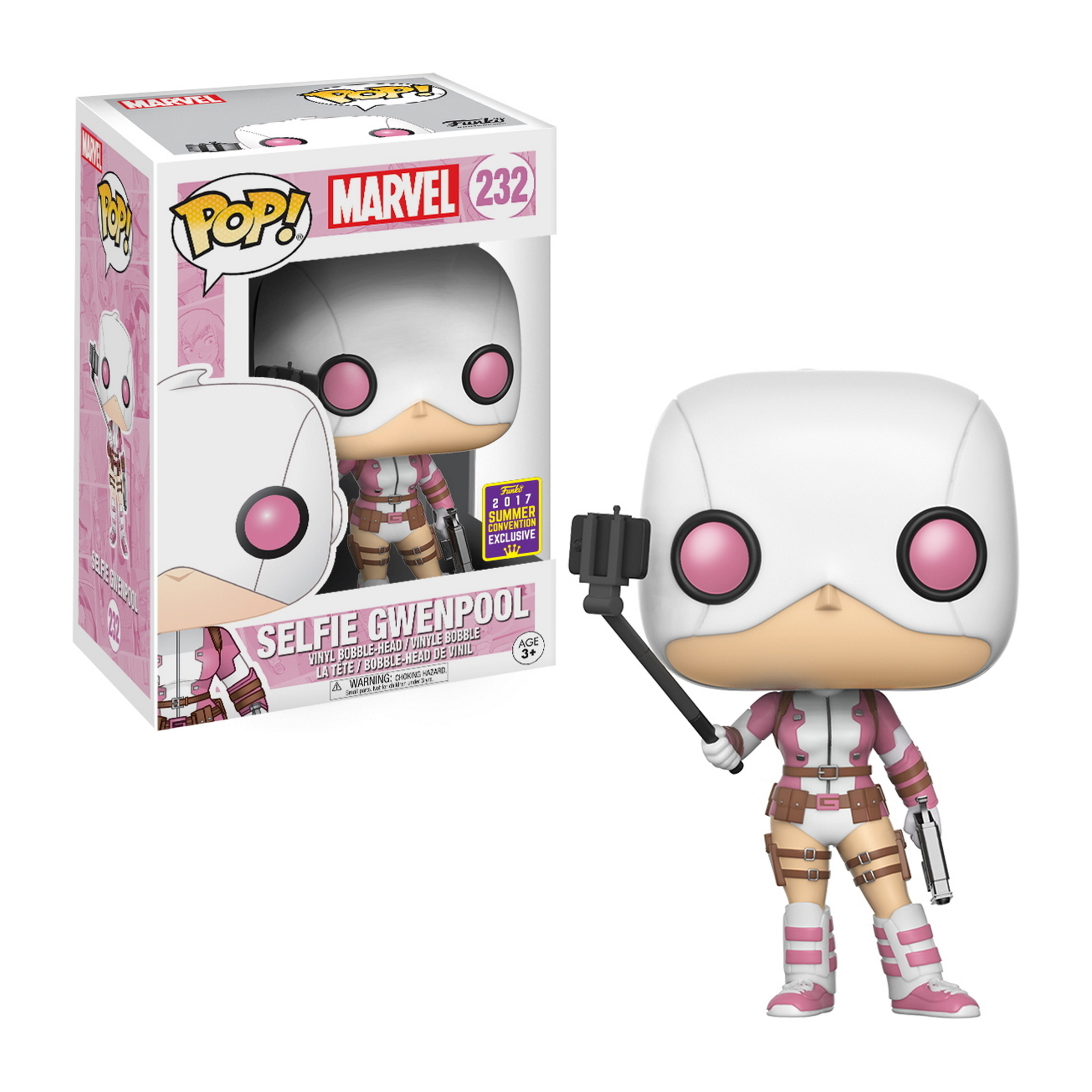Selfie Gwenpool Funko Pop Figur mit Box. Figur ist rosa und weiß, hält Selfie-Stick.