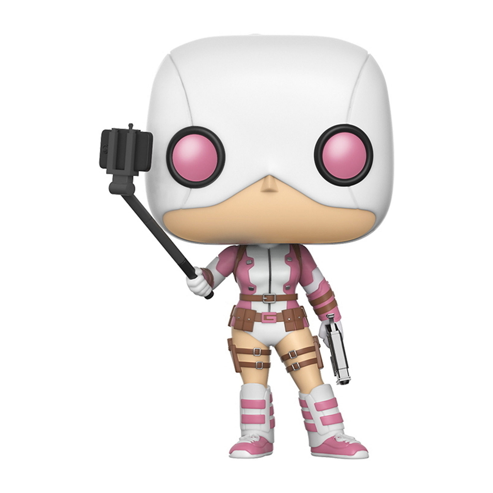 Gwenpool Funko Pop Figur mit Selfie-Stick und Pistole, trägt rosa und weißen Anzug.