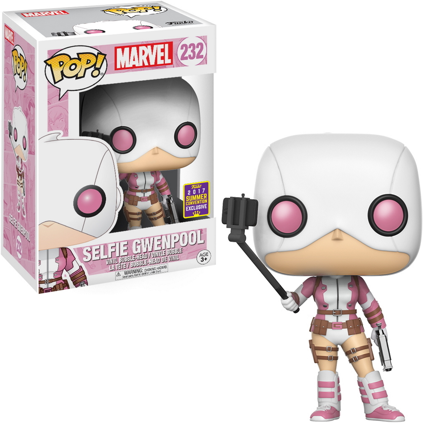 Selfie Gwenpool Funko Pop-Figur mit Selfie-Stick. Rosa-weißes Kostüm, Box im Hintergrund.
