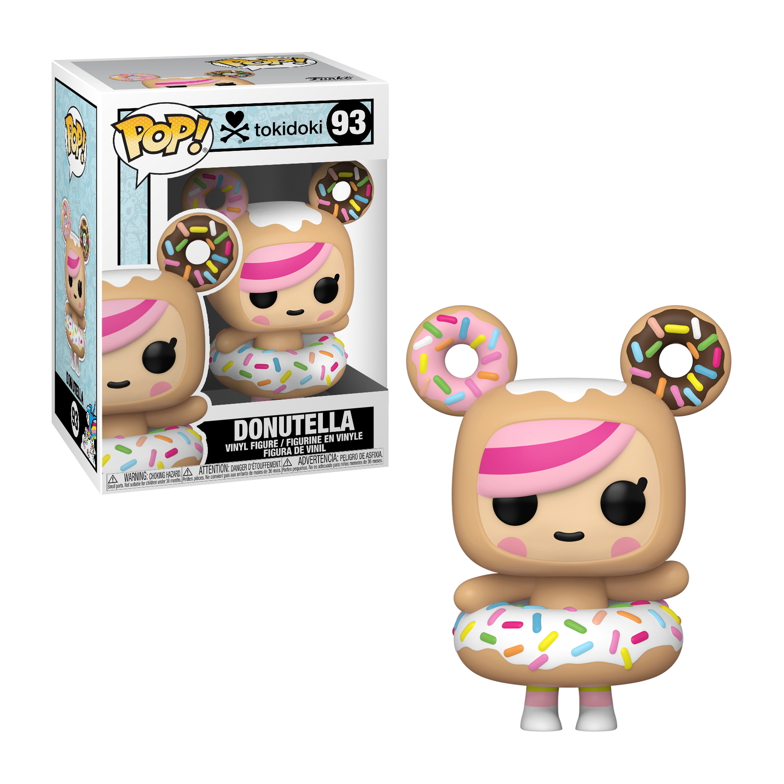 Donutella Funko Pop Figur. Sie trägt einen Donut-Anzug und einen Donut-Ring. Links ist eine Box.