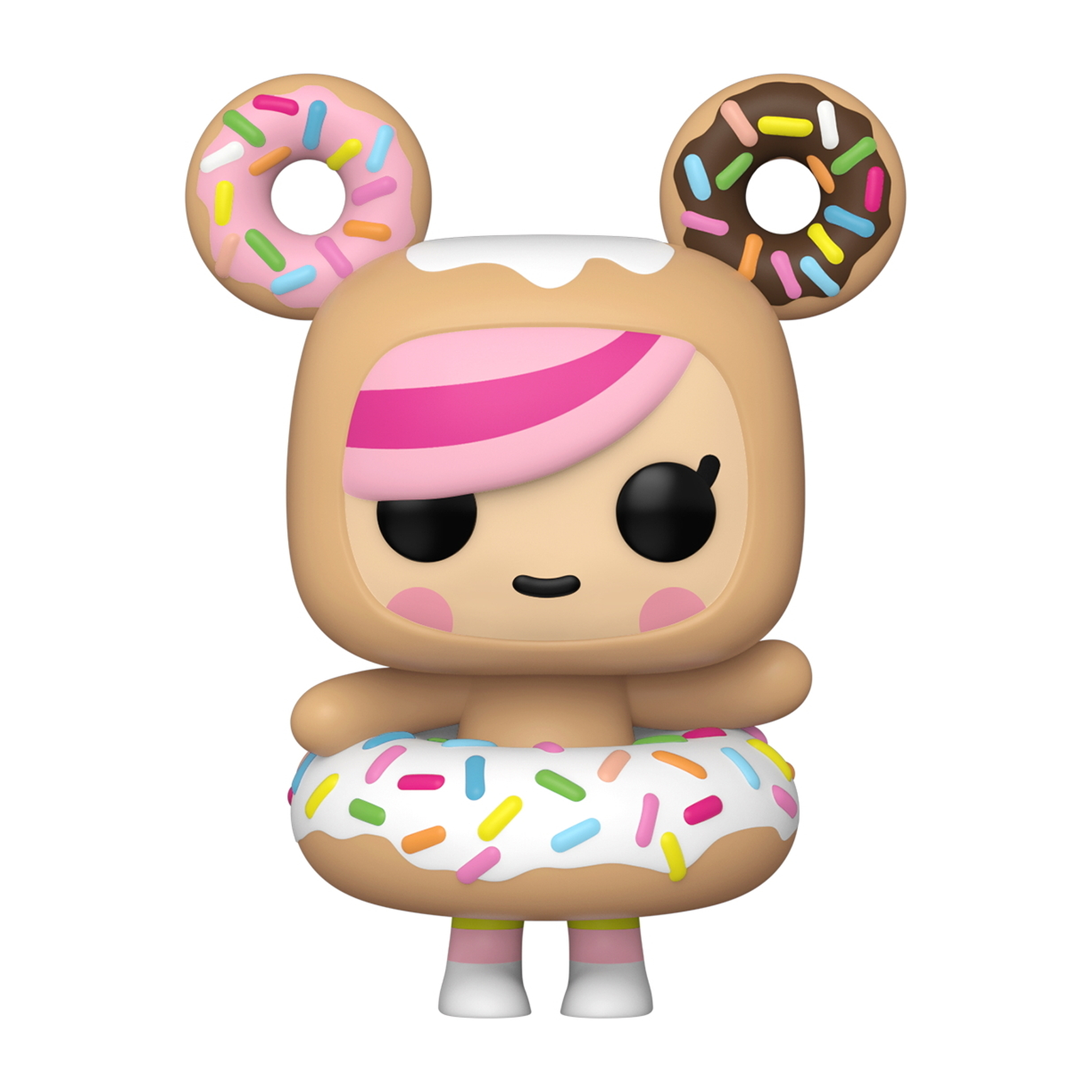 Donut-Figur. Eine niedliche Figur mit einem Donut um die Taille und Donut-Ohren.