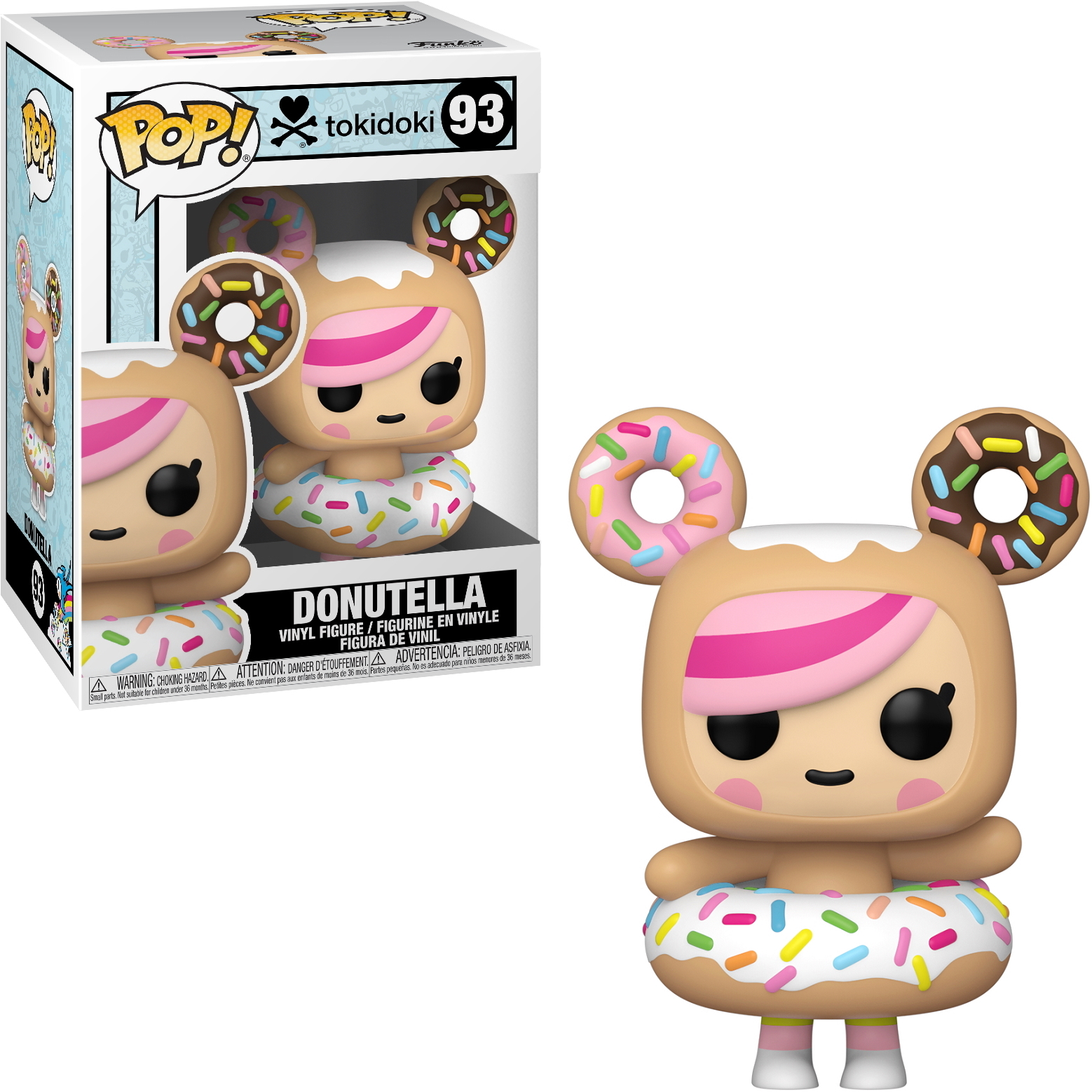 Donutella Pop-Figur mit Donut-Kostüm, weißem Rock und Box.