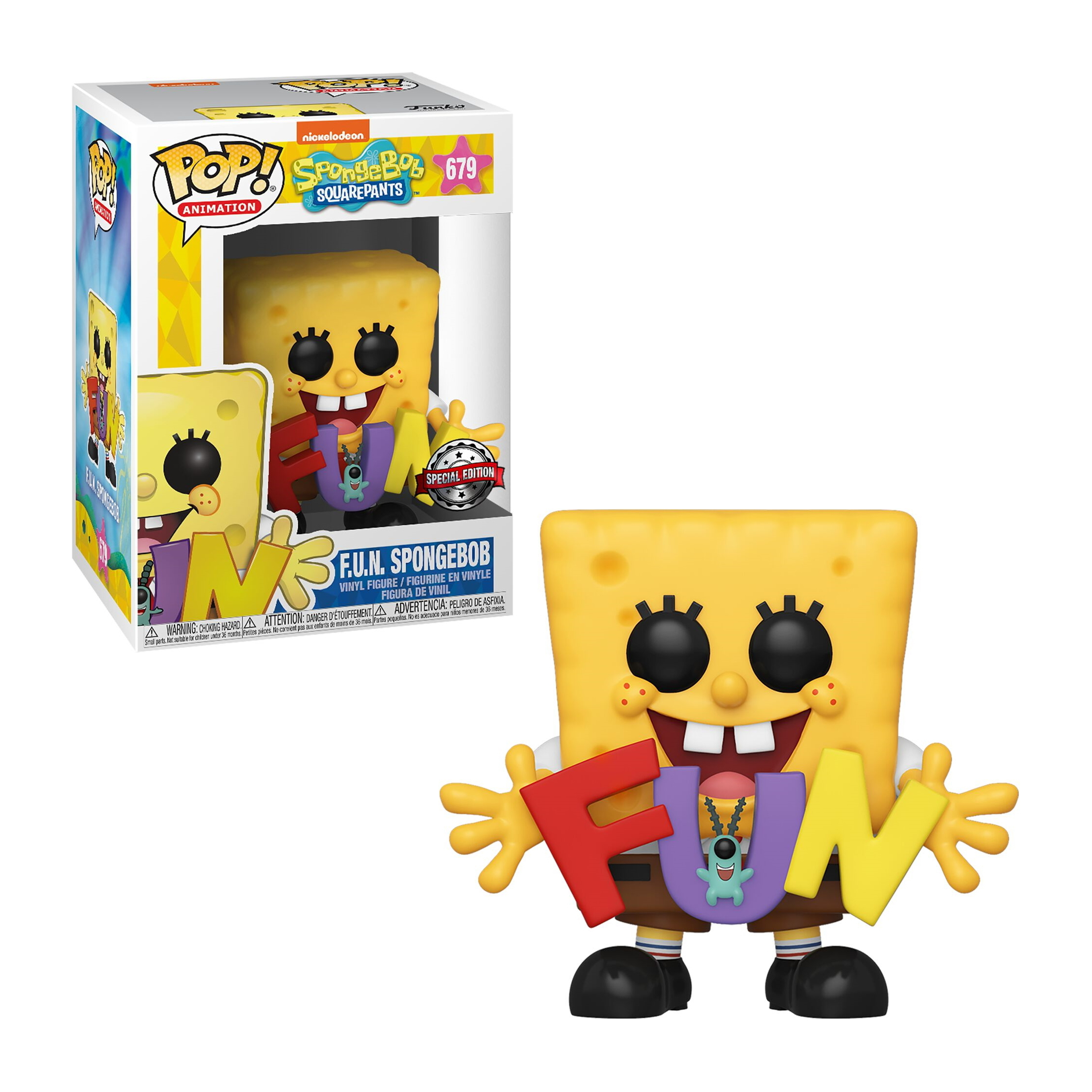 Spongebob FUN Pop Figur, die die Buchstaben F, U und N hält. Gelber quadratischer Körper, rote Krawatte.