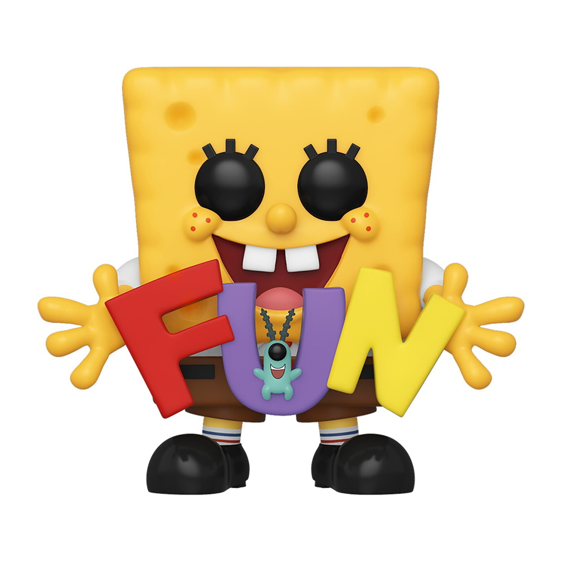 Spongebob Figur mit 'FUN' Buchstaben vorne. Plankton-Figur ist im 'U'.