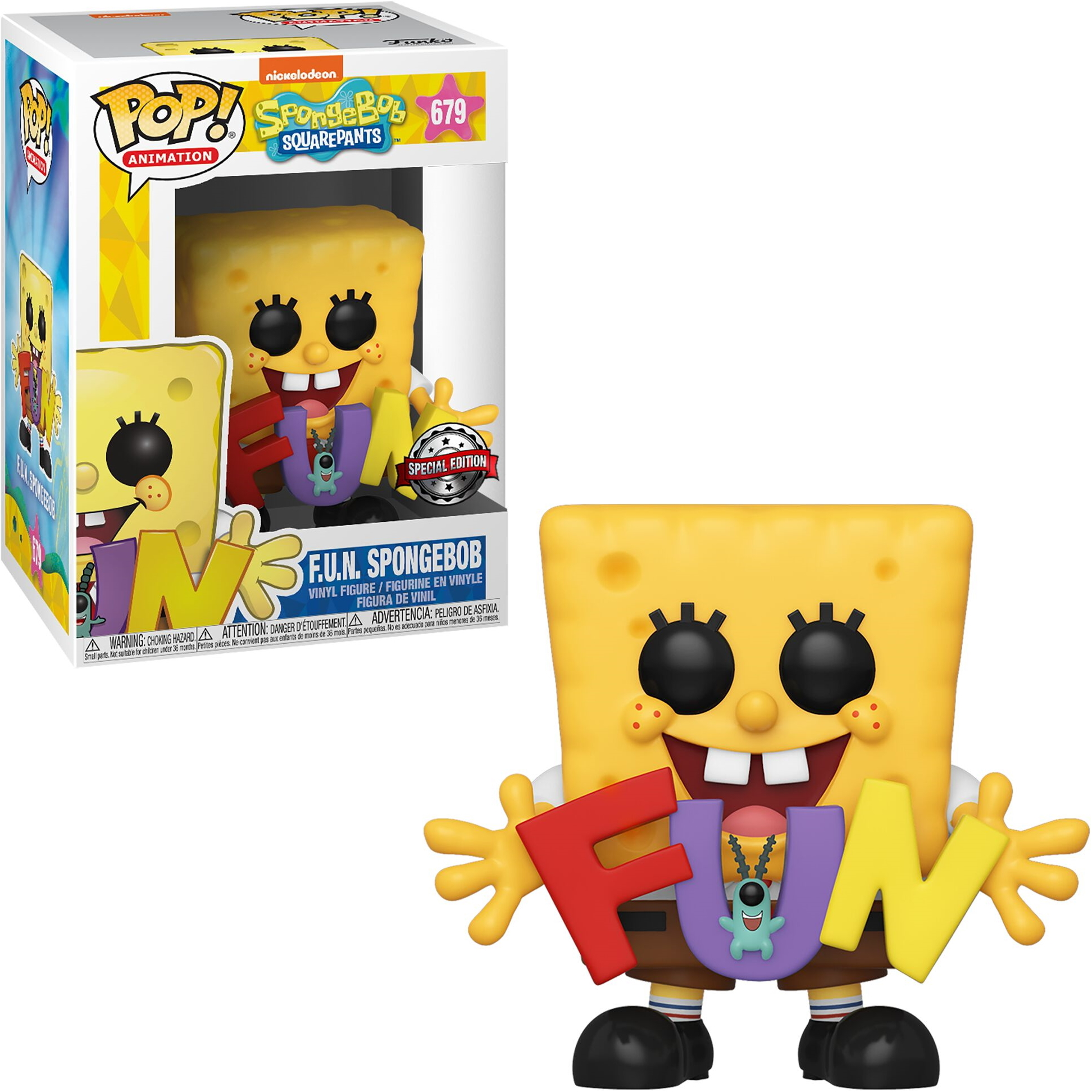Spongebob Squarepants Funko Pop Figur hält FUN Buchstaben, gelber Körper, Box im Hintergrund.