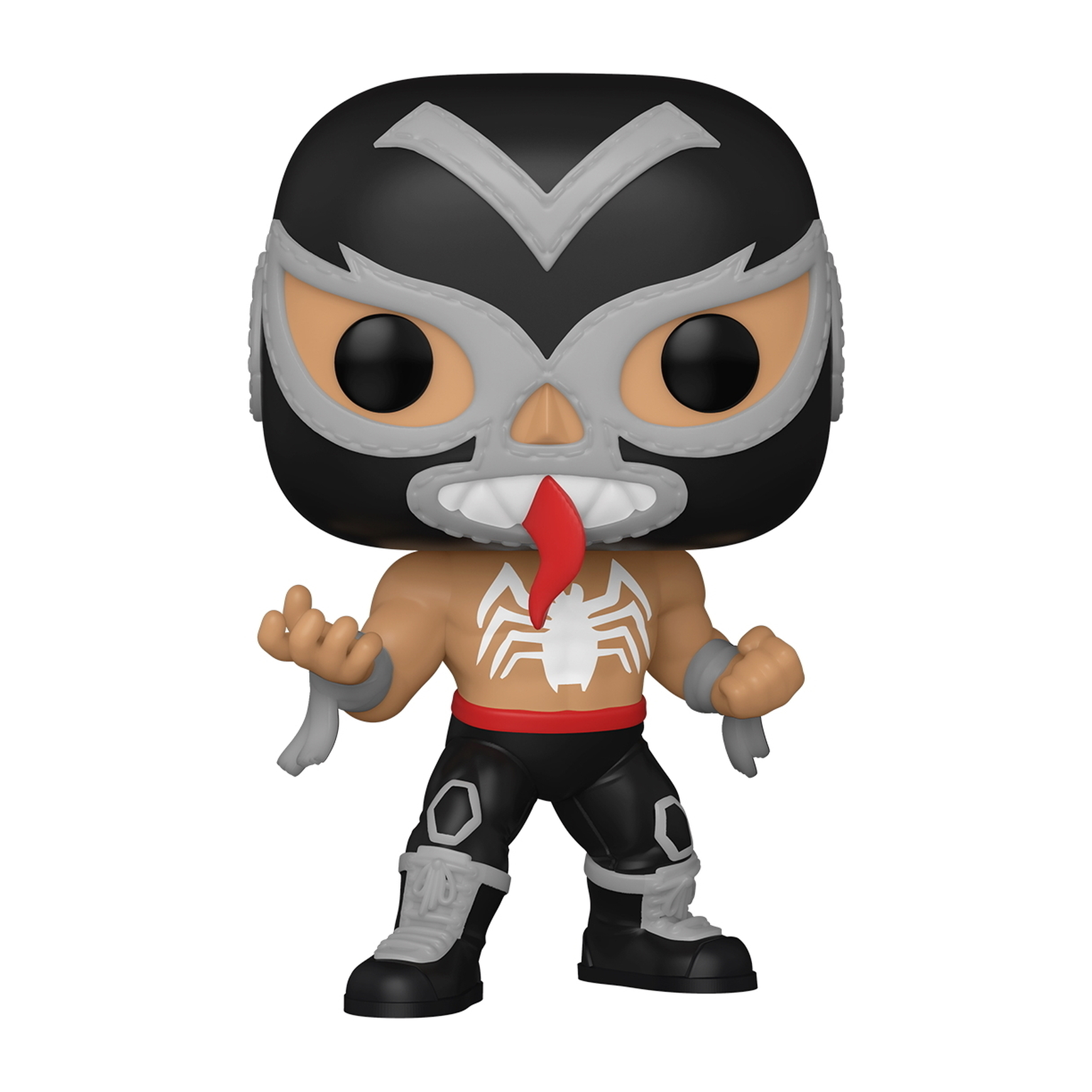 Wrestler-Figur in schwarzer und roter Kleidung mit herausgestreckter Zunge.