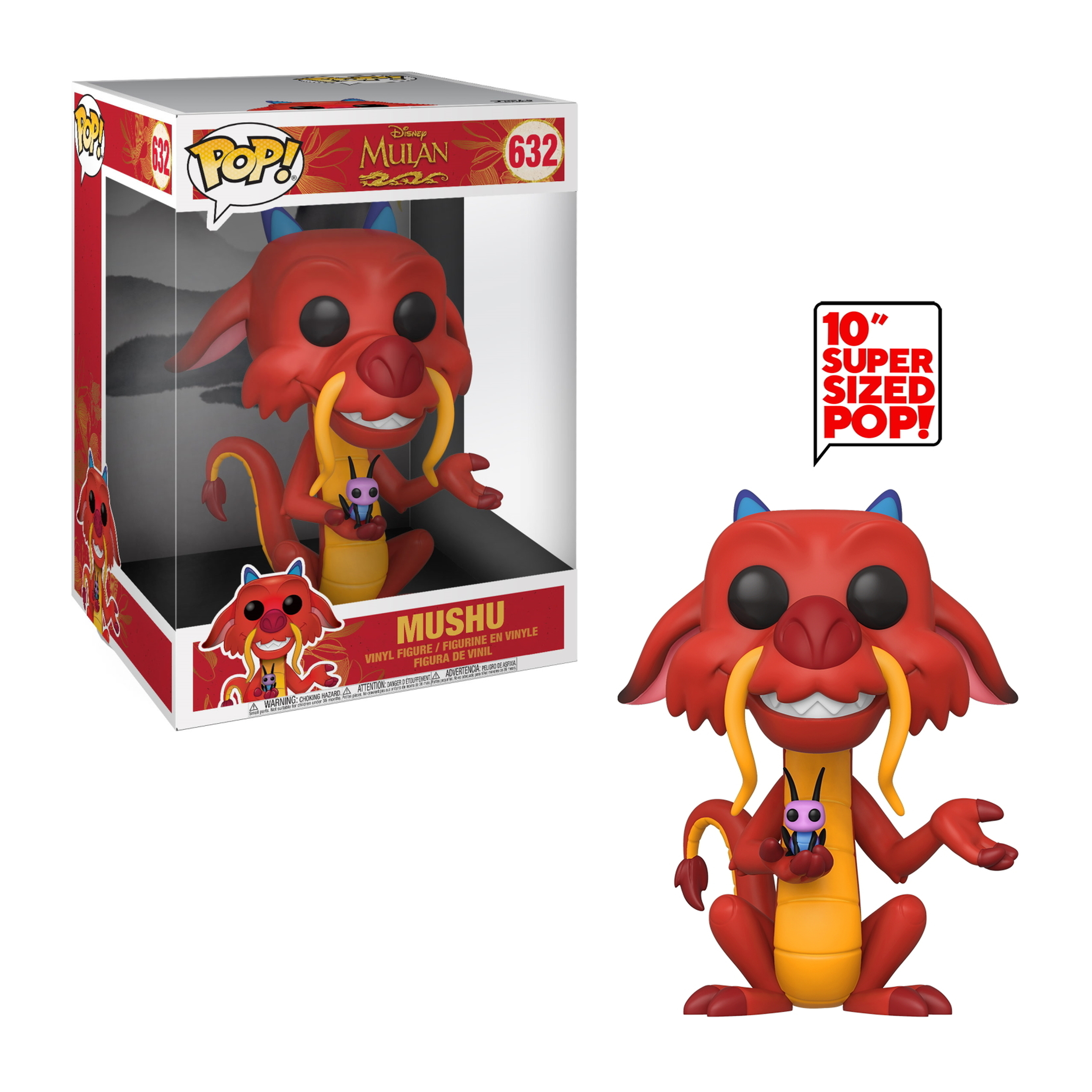 Mushu Funko Pop Figur mit einer Box im Hintergrund, weißer Hintergrund.