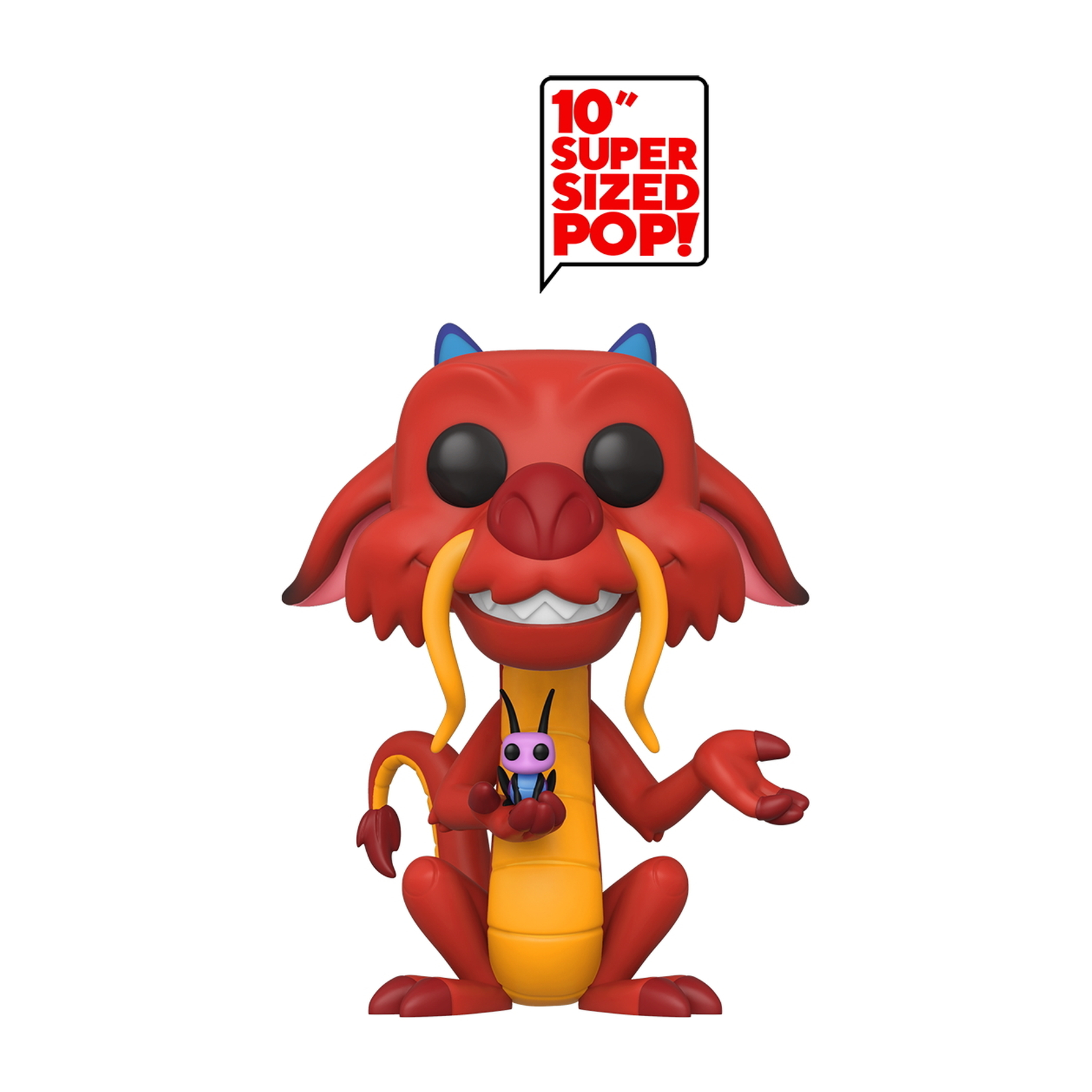 Rote Mushu-Drachenfigur, die eine Miniaturfigur hält, Textblase darüber.