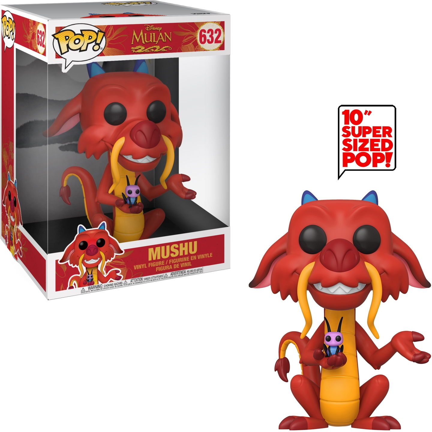 Eine rote Mushu Drachen Funko Pop Figur, die eine kleine blaue Kreatur hält, mit der Box.