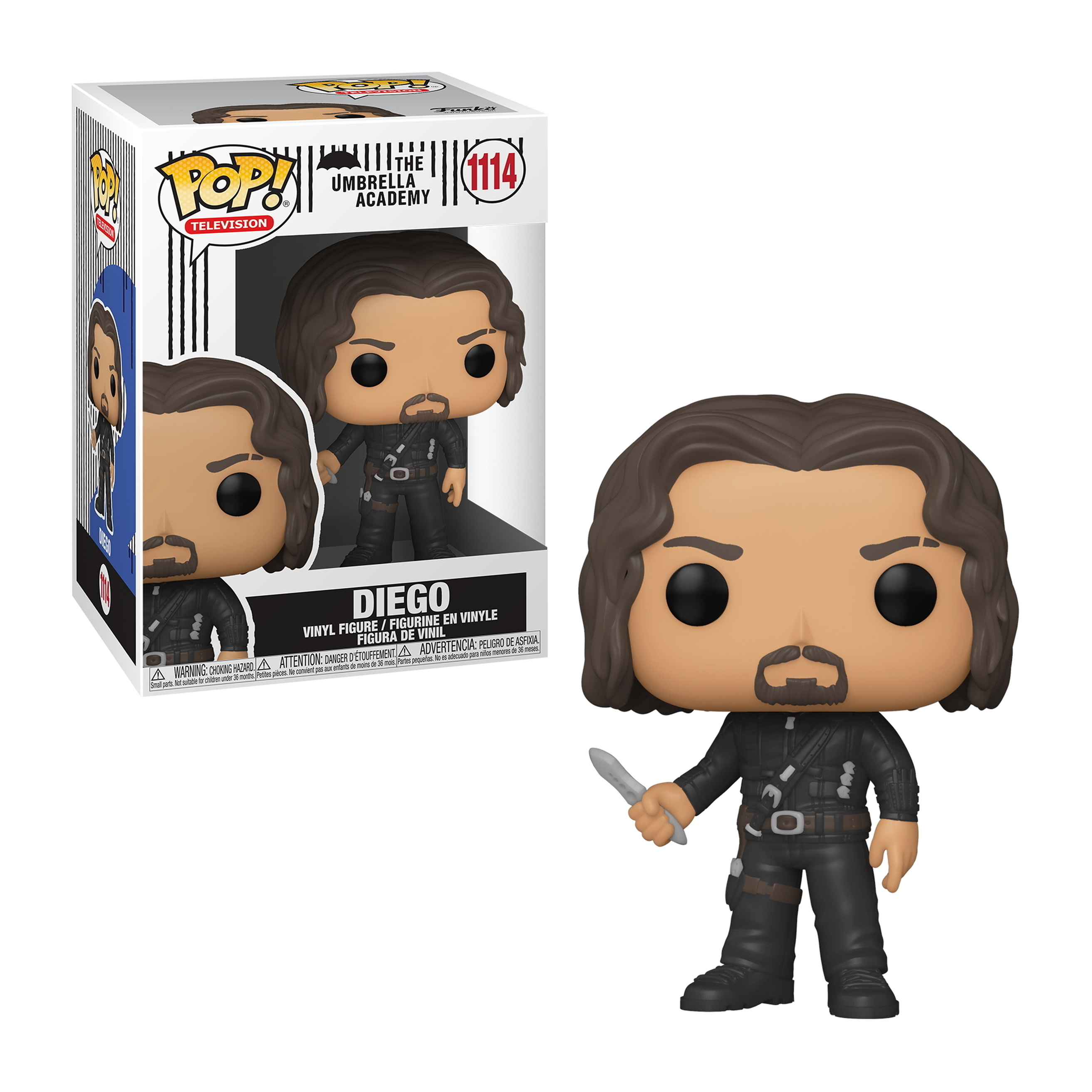 Figura Funko Pop de Diego de The Umbrella Academy, con cuchillo, ropa negra.