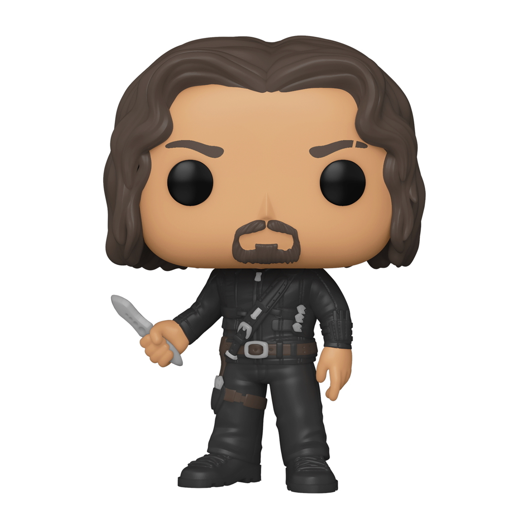 Figura Funko Pop de un hombre con perilla, sosteniendo un cuchillo. Traje negro sobre fondo blanco.