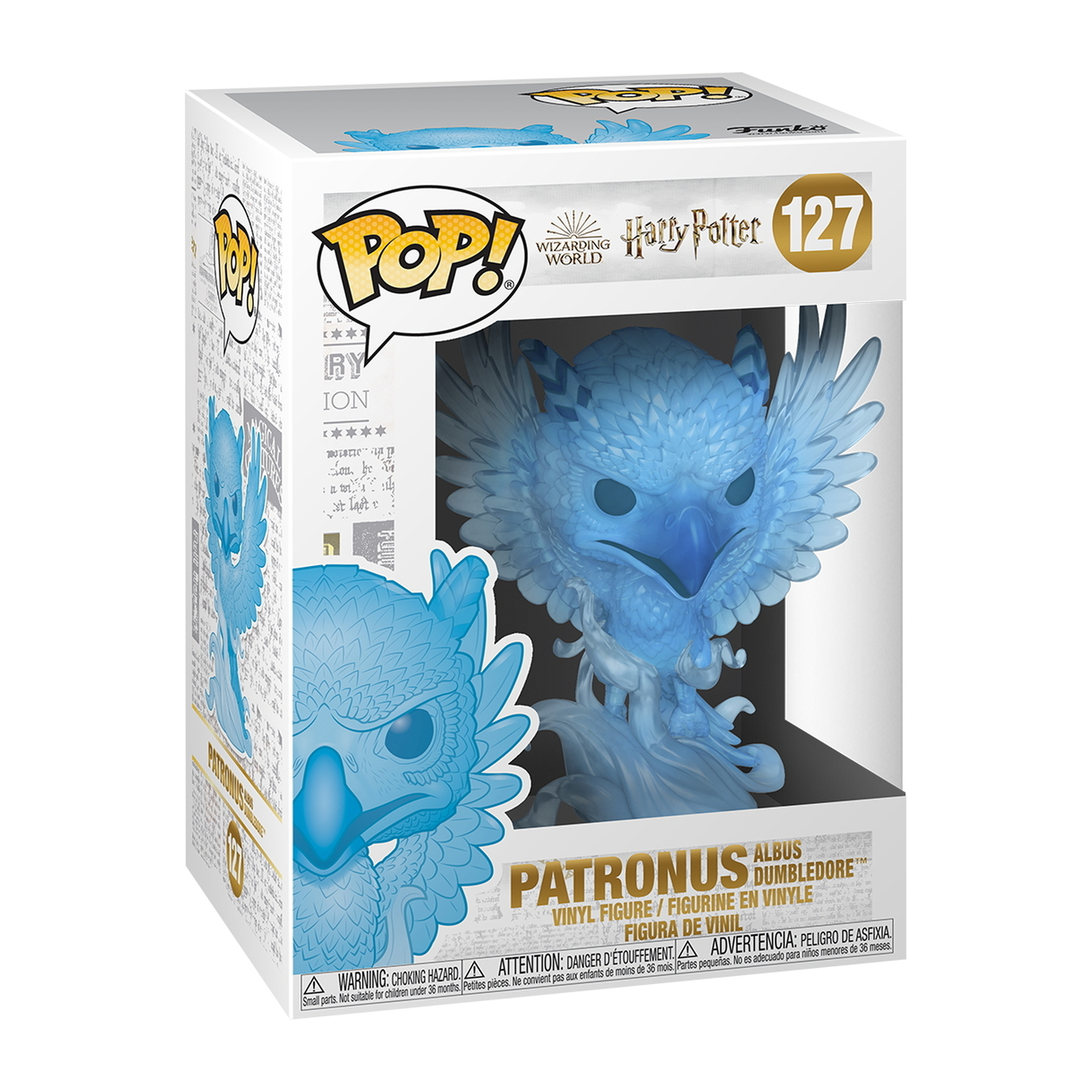 Patronus Albus Dumbledore Funko Pop in einer Box. Die Figur ist blau und durchscheinend.