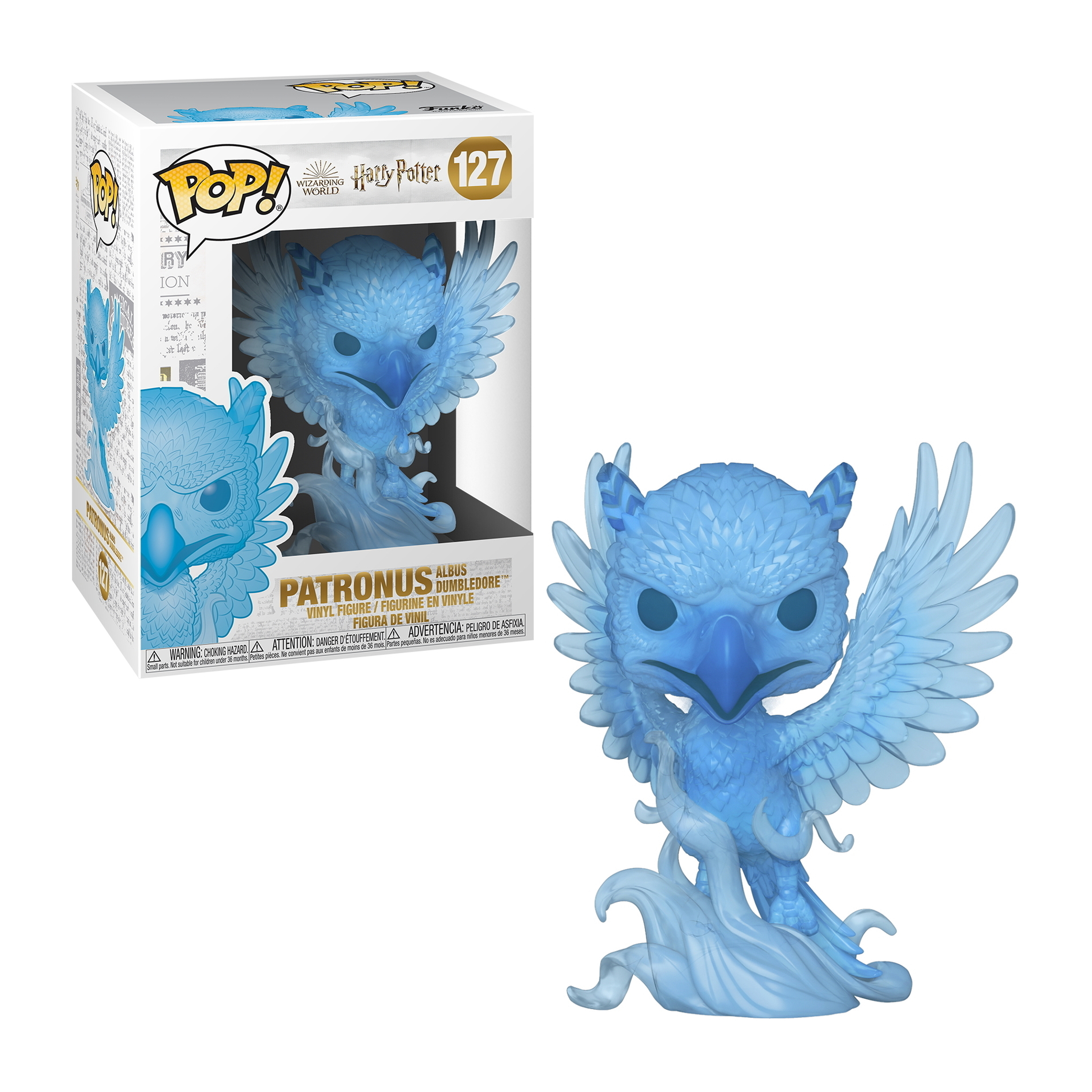 Albus Dumbledore Patronus Funko Pop Figur. Blau, durchscheinende Eule, mit weißem Hintergrund.
