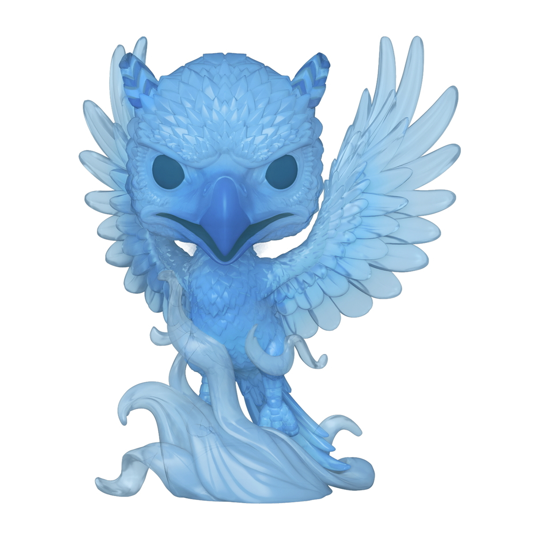Eine blaue, durchscheinende Phönix-Pop-Figur mit Flügeln und Sockel.