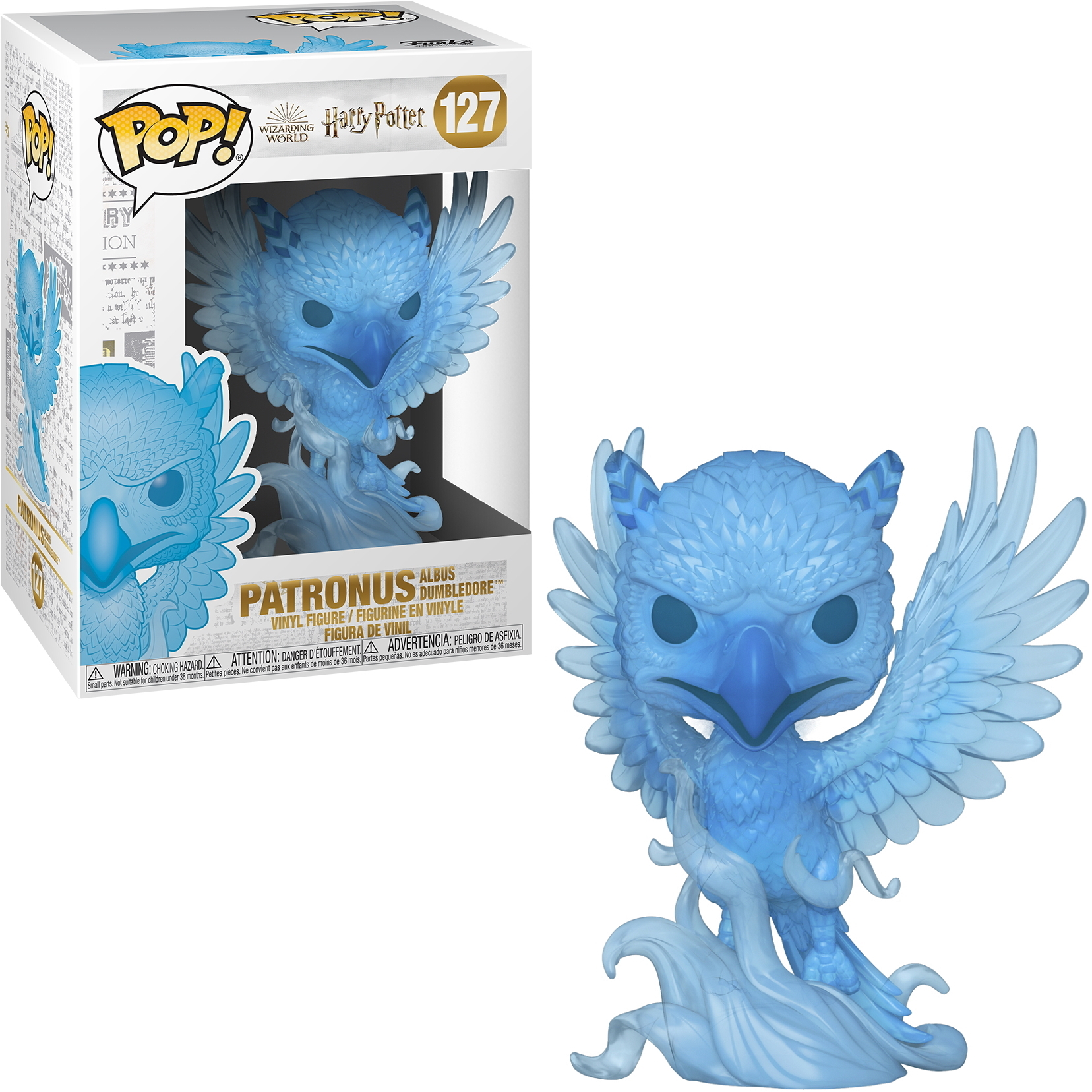 Albus Dumbledore Patronus Funko Pop Figur. Blau, durchscheinend, adlerartig, auf Box.