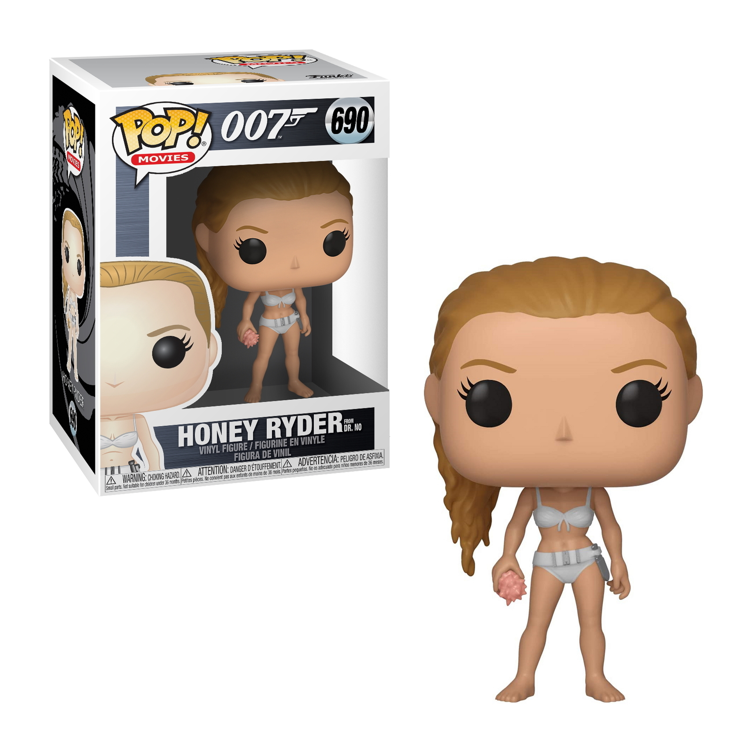 Honey Ryder Funko Pop Figur. Blondes Haar, trägt einen Bikini, hält eine Muschel. Boxed, aus 007.