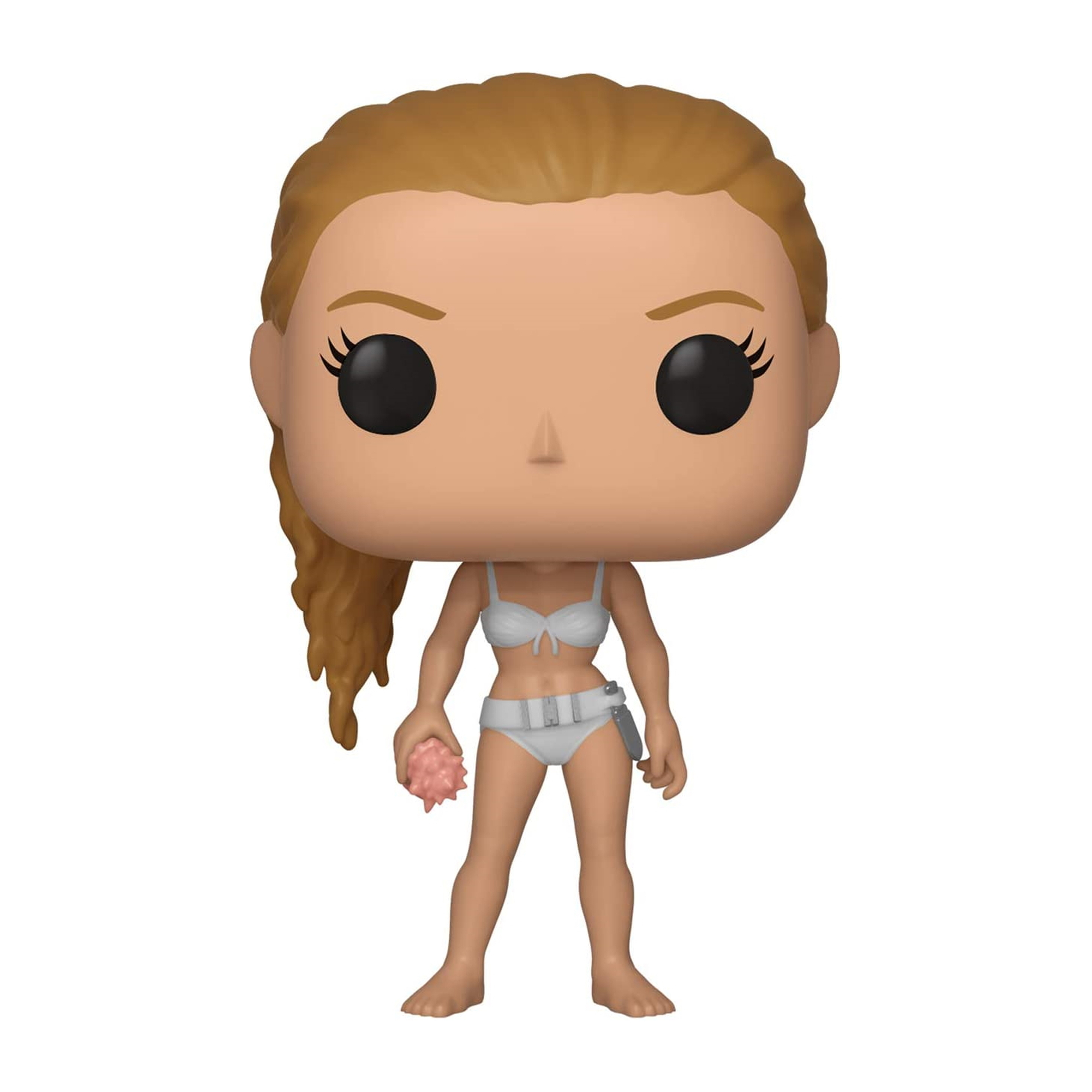 Eine Funko Pop Figur einer Frau in weißem Bikini, blonden Haaren, die ein rosa Objekt hält.
