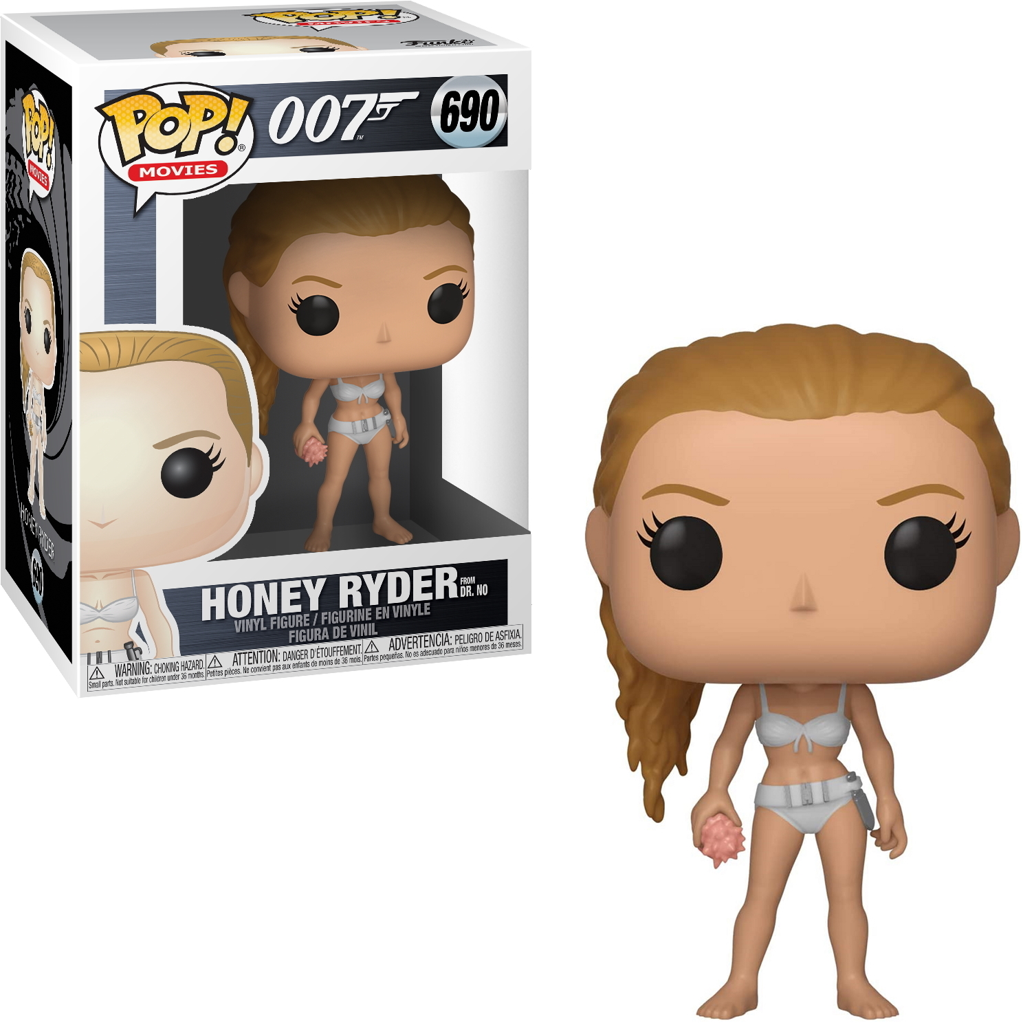 Eine Funko Pop Figur von Honey Ryder aus James Bond. Sie trägt einen weißen Bikini.
