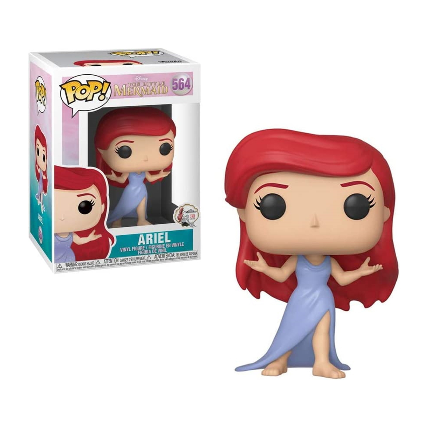 Ariel Funko Pop, rotes Haar, blaues Kleid, steht mit ausgestreckten Armen. Boxed Version links.