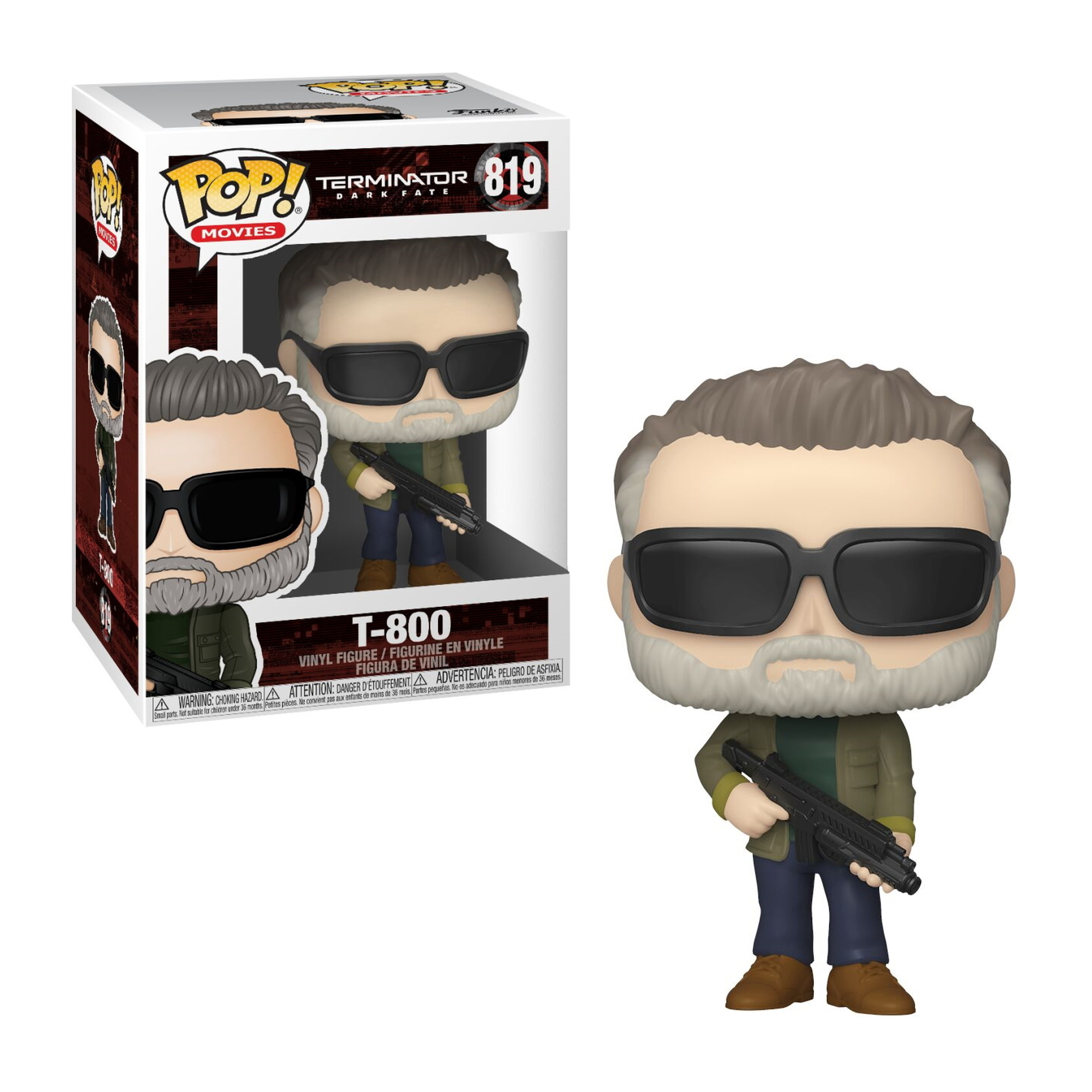 Terminator T-800 Figur mit Sonnenbrille hält Gewehr, mit Box, weißer Hintergrund.