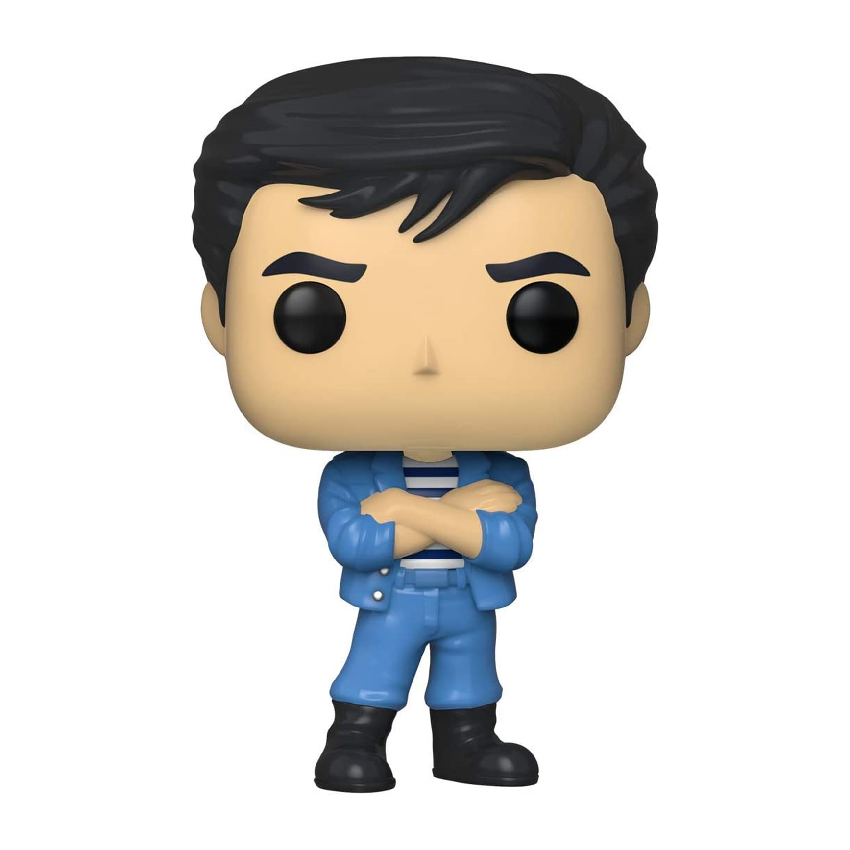 Figura di un uomo con capelli neri, che indossa giacca e pantaloni blu.