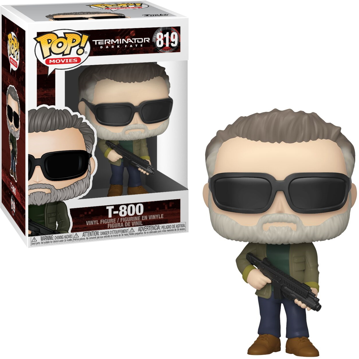 T-800 Terminator Funko Pop Figur mit Sonnenbrille und Waffe. Boxfigur ist sichtbar.