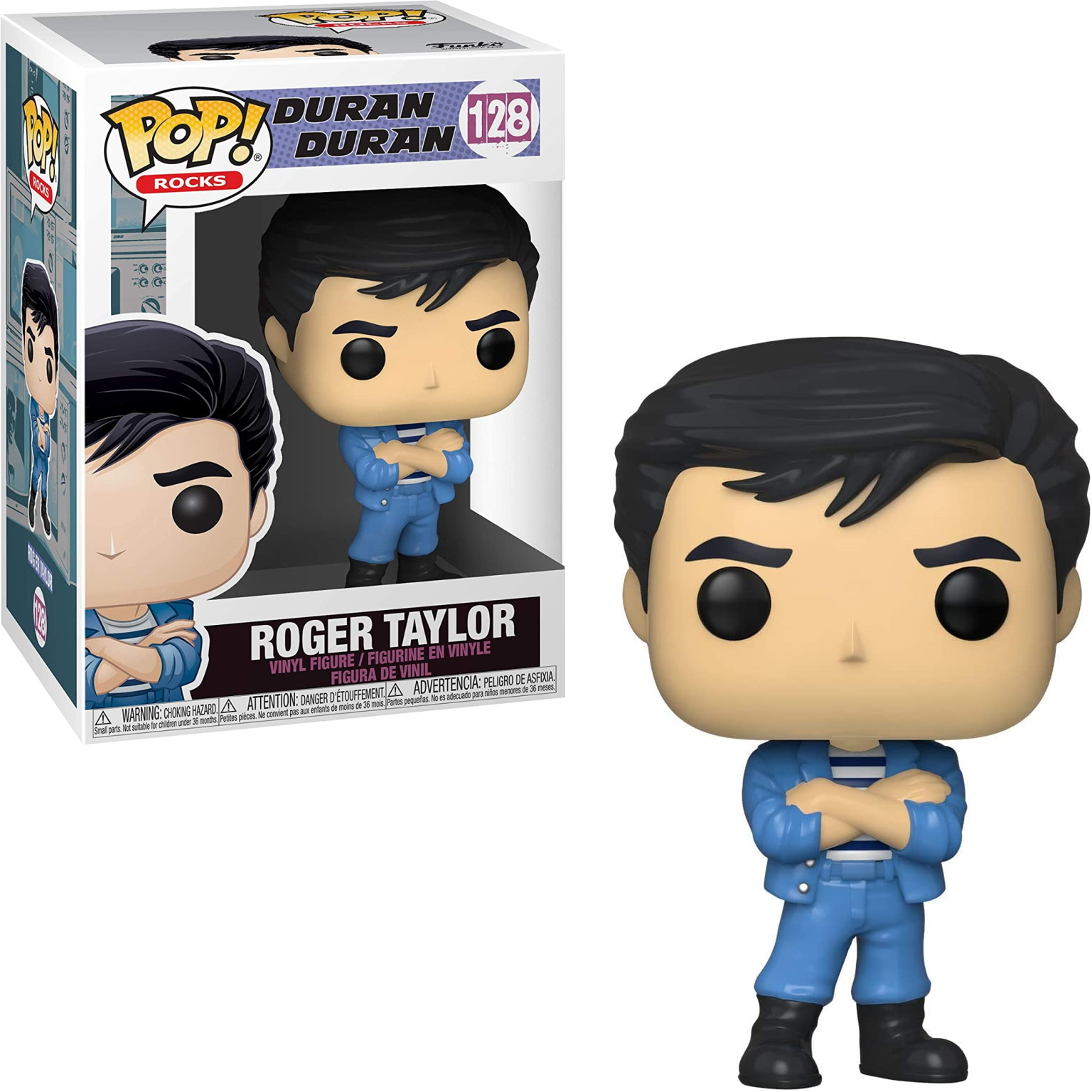 Figura di Roger Taylor dei Duran Duran, in completo blu, con le braccia conserte. La scatola è a sinistra.