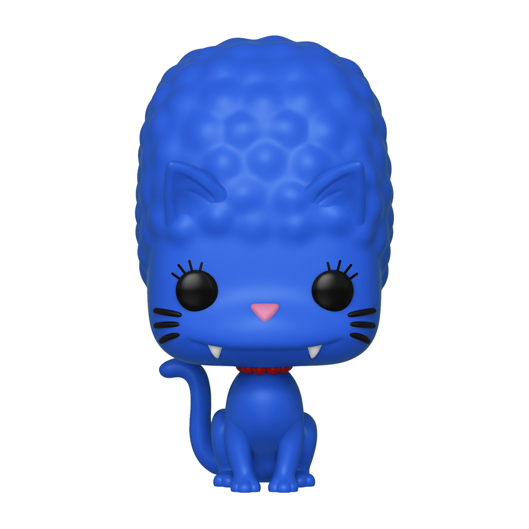 Eine blaue Katzenfigur mit strukturiertem Kopf, sitzt, trägt ein rotes Halsband. Sie hat Fangzähne.