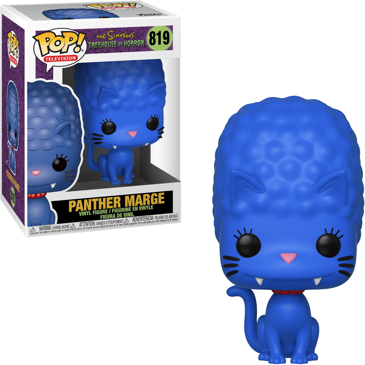 Eine blaue Panther Marge Figur aus The Simpsons, mit rotem Kragen.