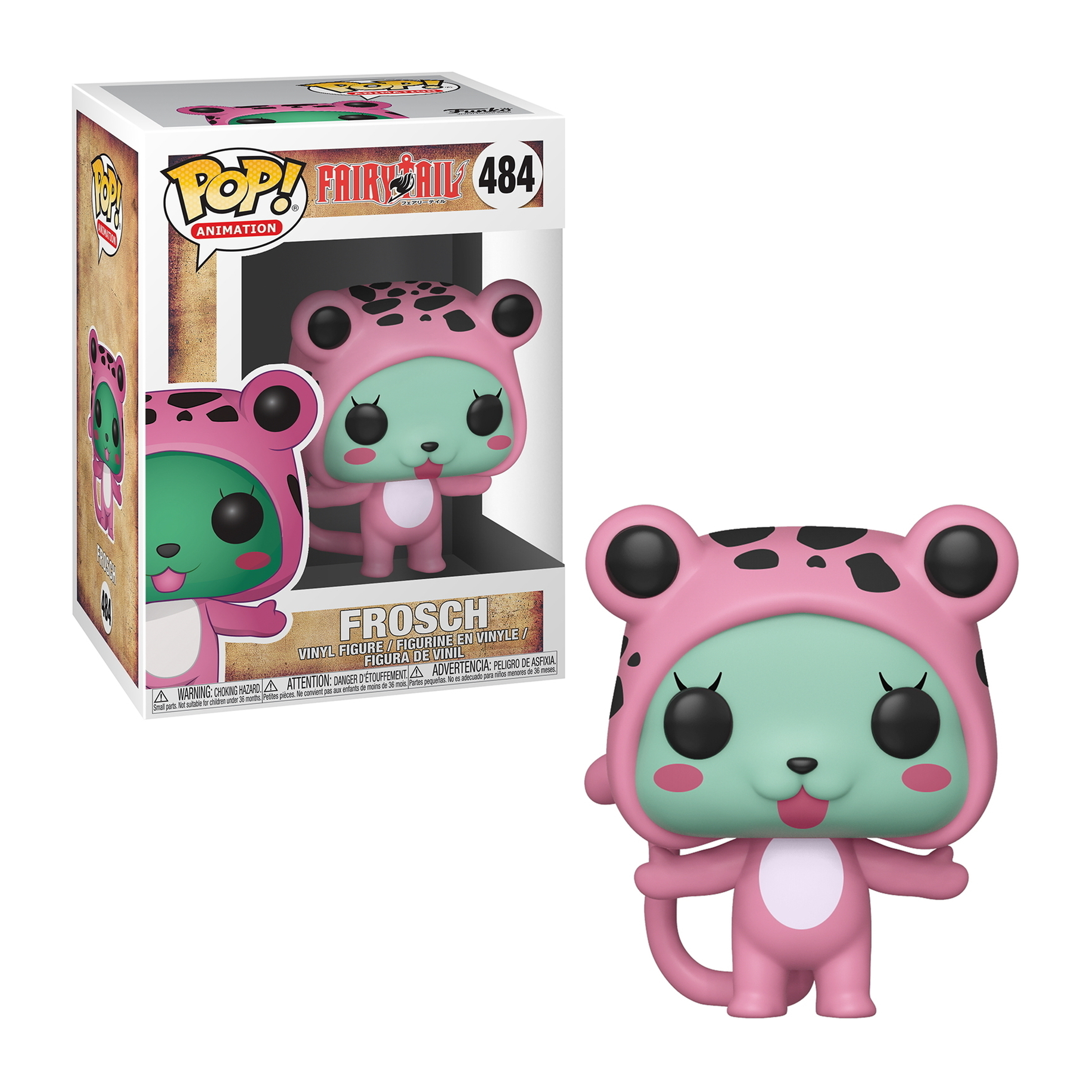 Eine Funko Pop Figur von Frosch aus Fairy Tail. Es ist eine rosa froschartige Figur in einer Box.