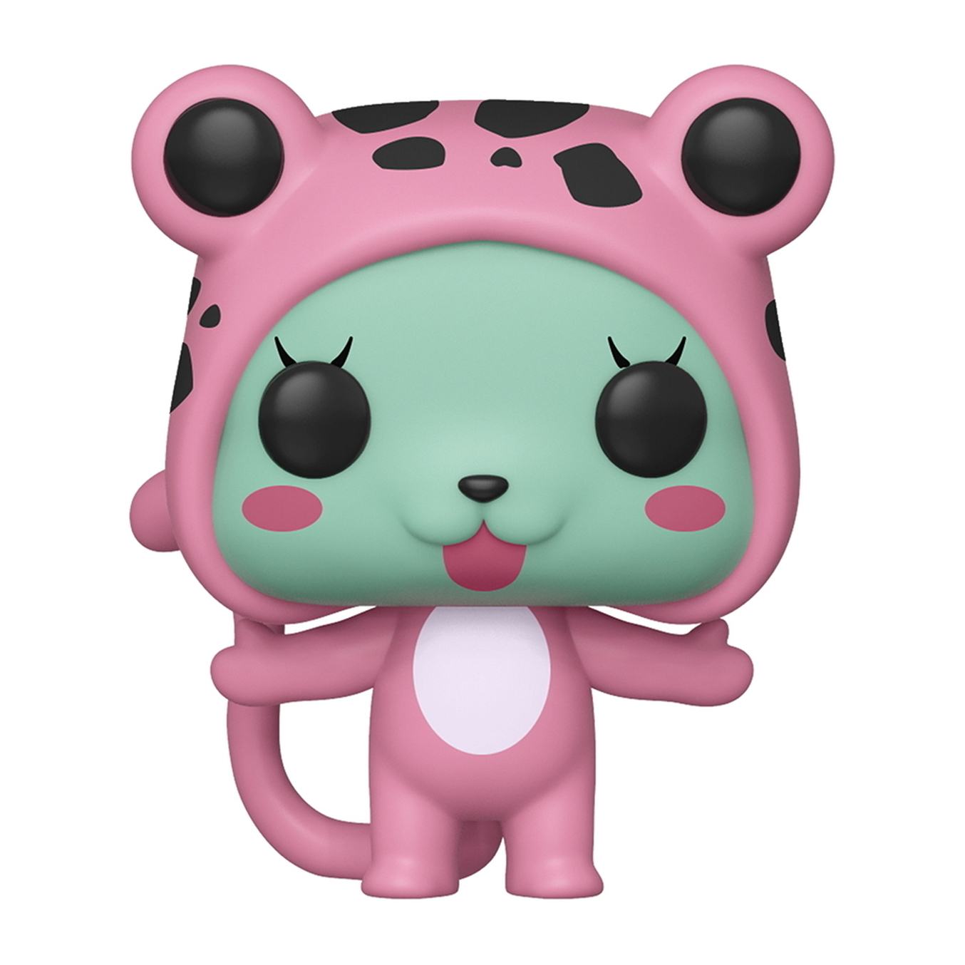 Funko Pop Figur eines rosa Wesens mit einer froschartigen Kapuze mit schwarzen Punkten. Es hat ein grünes Gesicht.