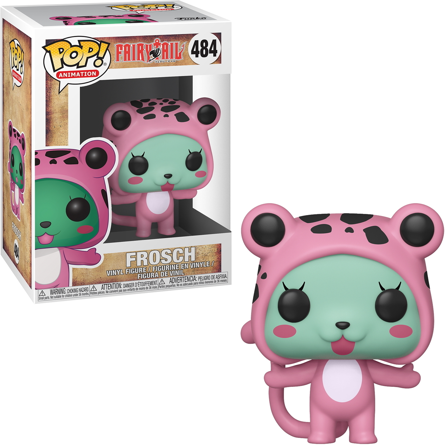Frosch Spielfigur. Rosa bärenartiger Charakter mit rosa Kapuzenoutfit. Grünes Gesicht mit Zunge heraus.