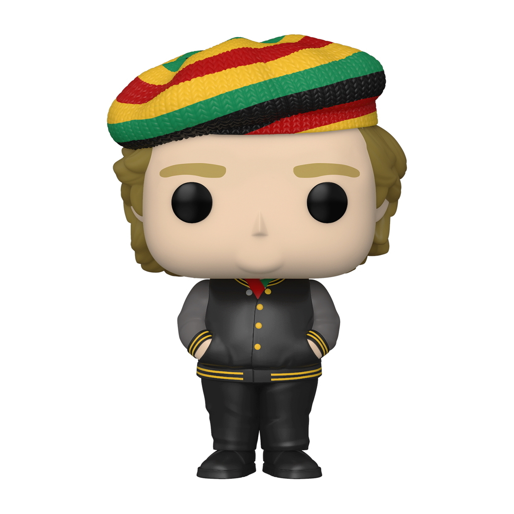 Blonde Mannfigur mit einem Hut mit roten, gelben und grünen Streifen.