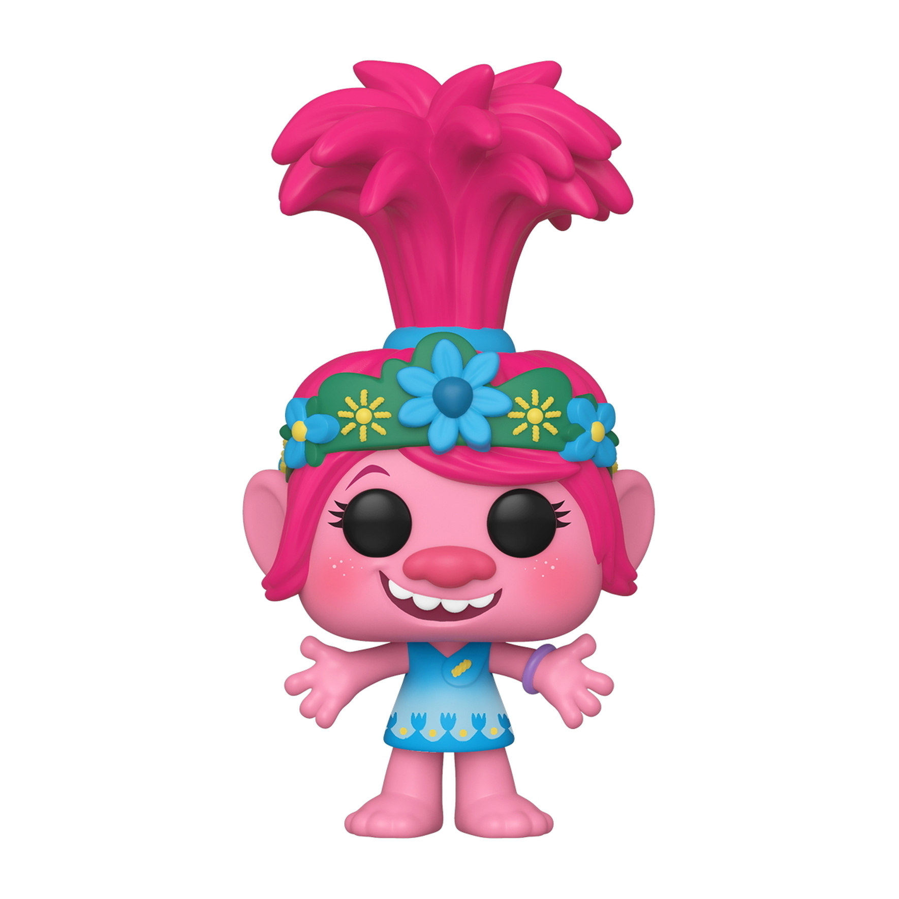 Figurka Poppy Trolls z różowymi włosami i koroną z kwiatów. Niebieska sukienka i różowa skóra, uśmiechnięta.