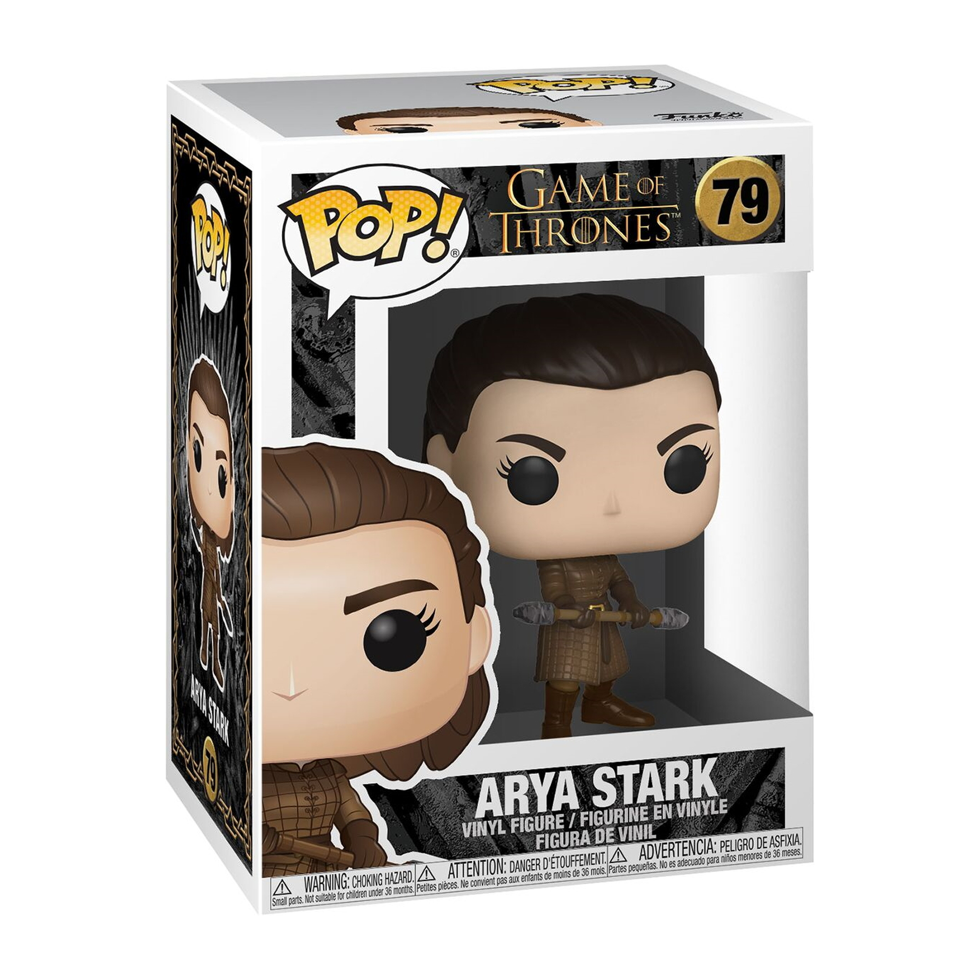 Funko Pop in scatola di Arya Stark. Abito marrone, tiene una piccola arma.