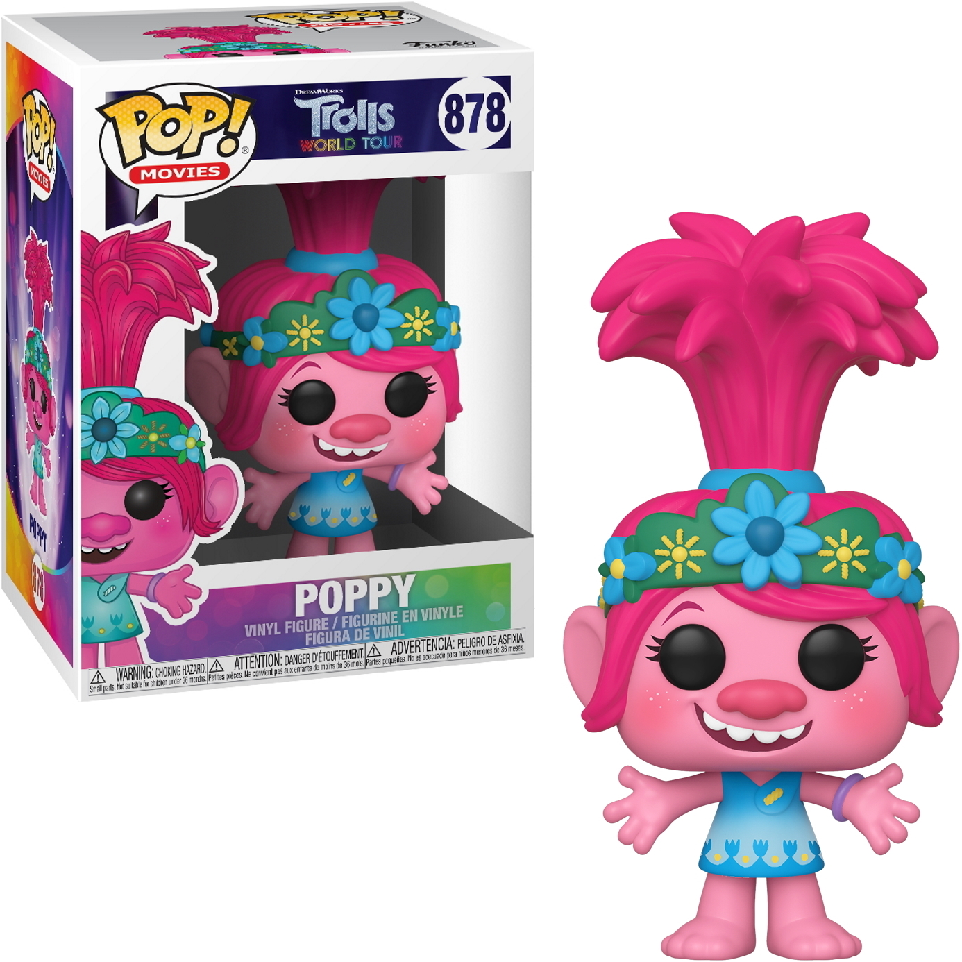 Figurka Pop Poppy z Trolls, z różowymi włosami i koroną z kwiatów.