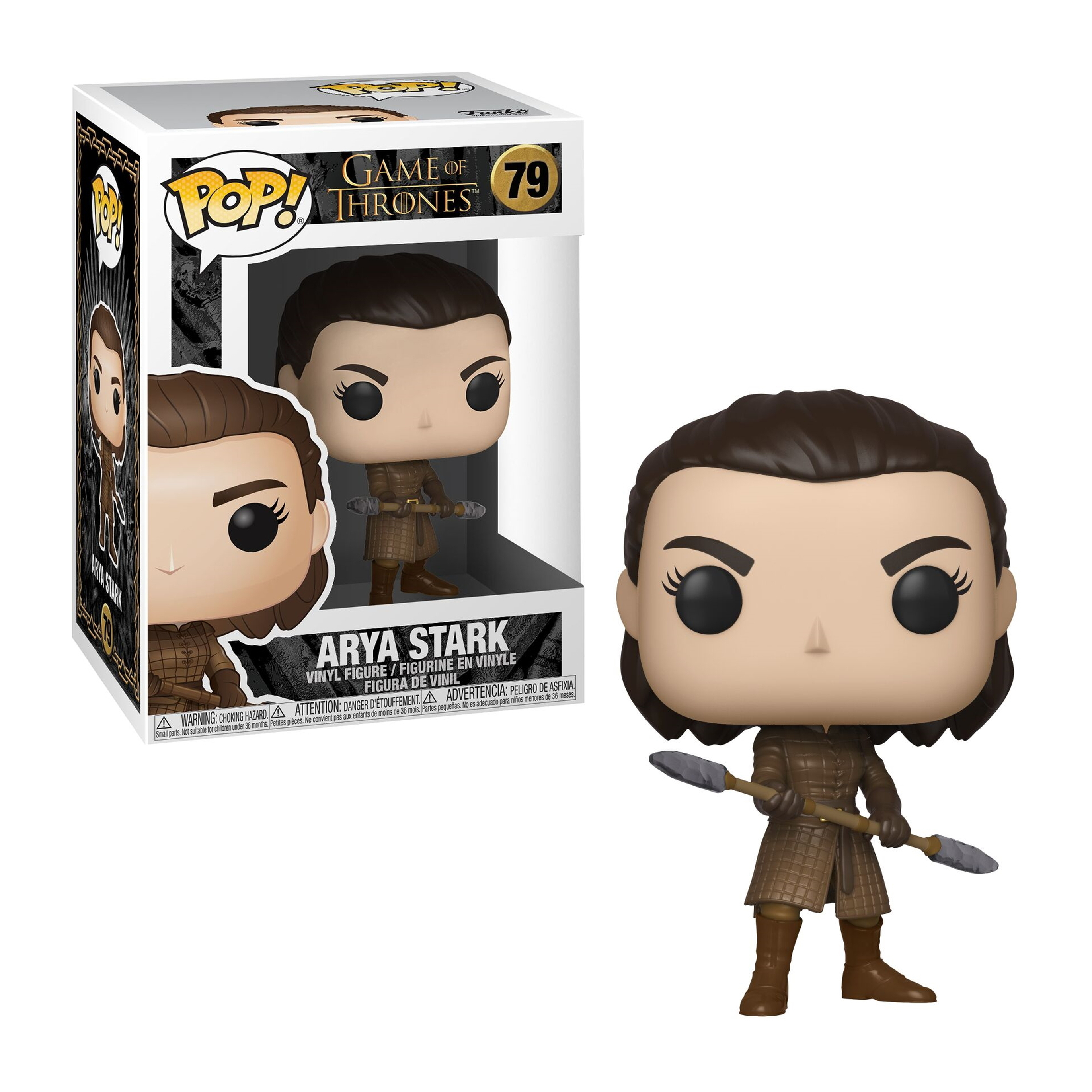 Figura di Arya Stark da Game of Thrones. Capelli castani, che tiene una lancia e in armatura.