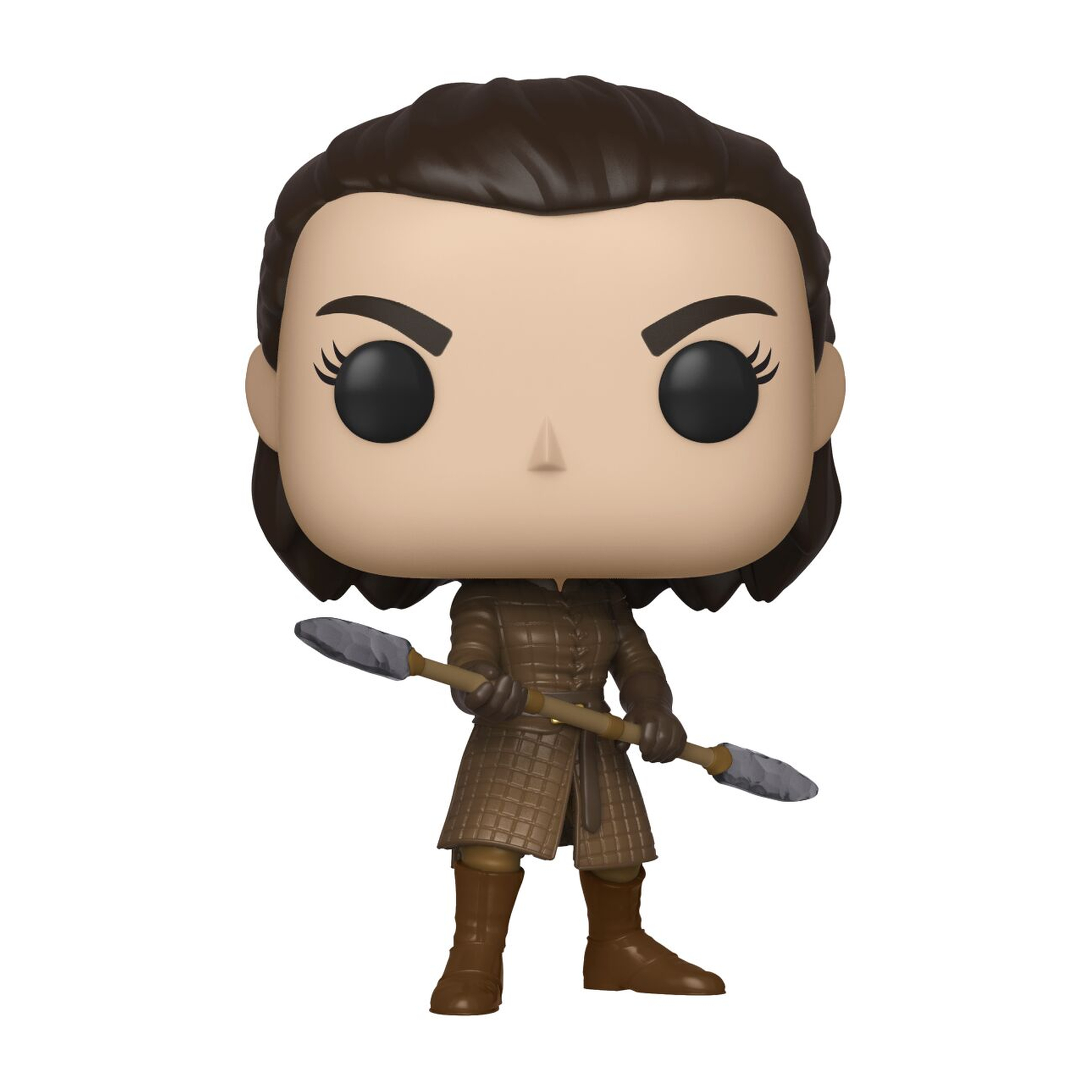 Figurina di Arya Stark con una lancia, indossa abiti marroni.