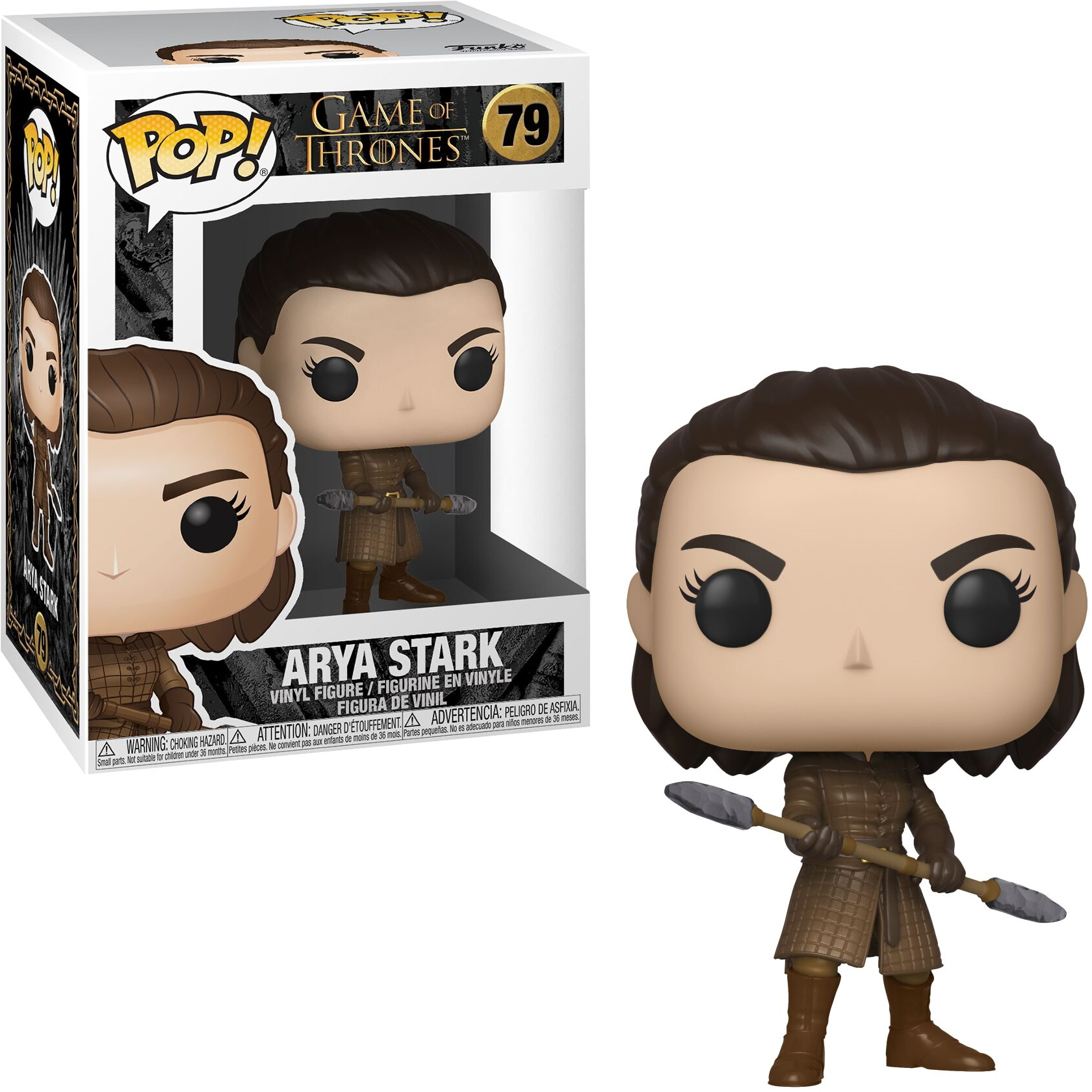 Figura Funko Pop di Arya Stark, con lancia, in abito marrone e scatola.