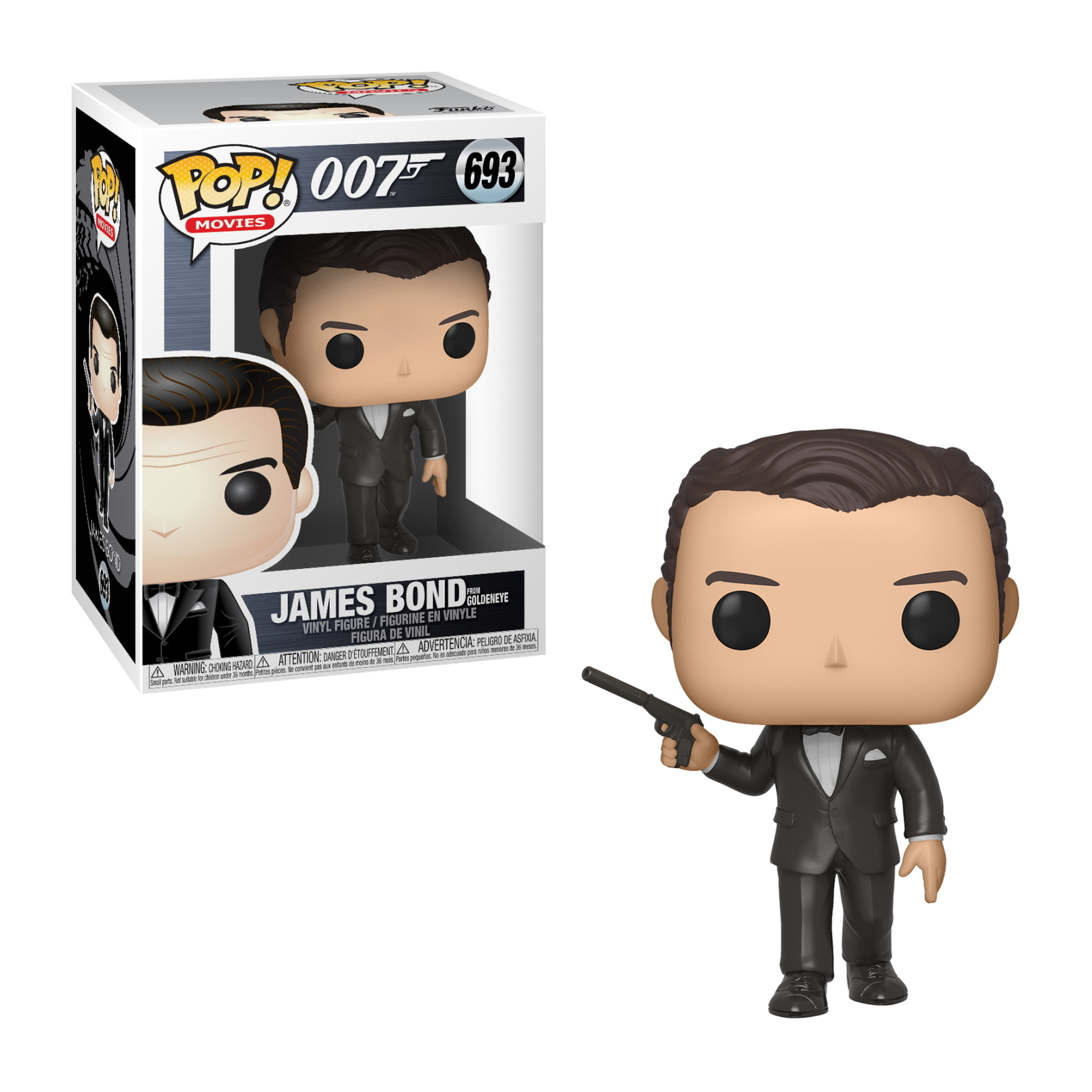 James Bond Funko Pop Figur. Mann im Smoking, hält eine Pistole. Weißer Hintergrund, in Box und aus.